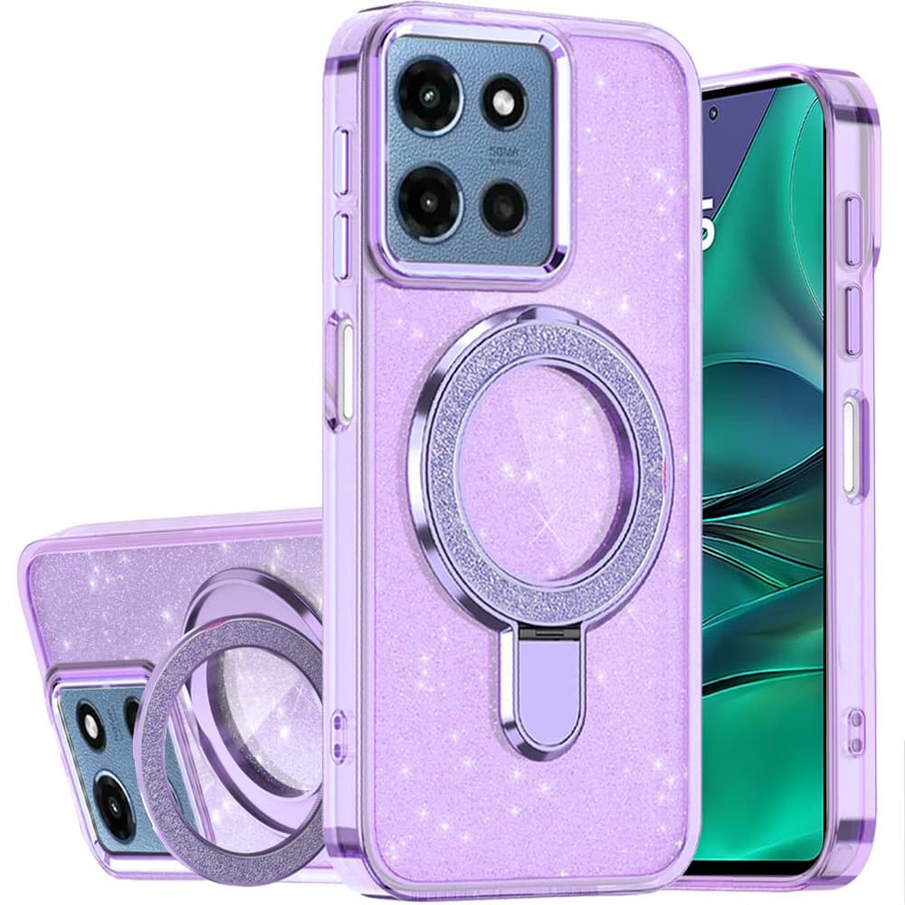 TEMU For Motorola Moto G 5g 2025 Phone Case, Transparent Glitter Rotaional Magnetic Kickstand Cover