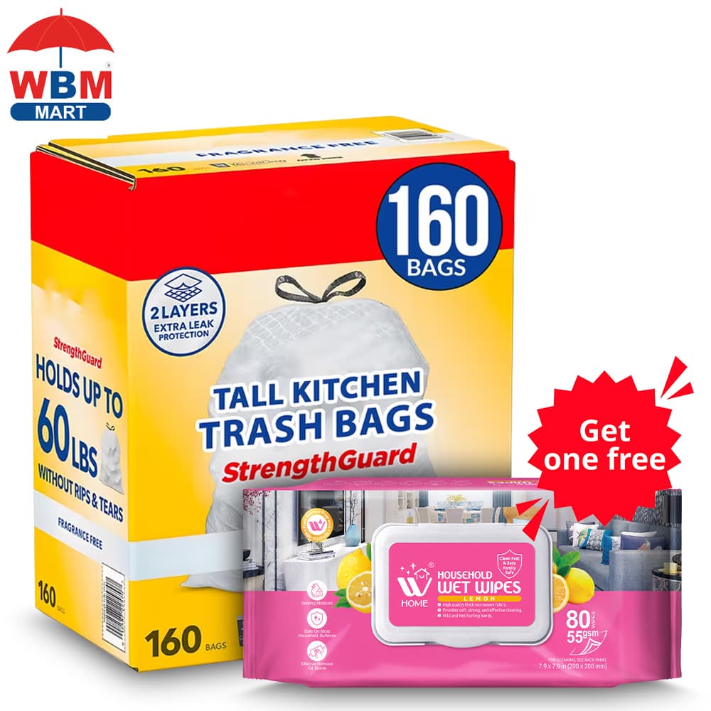 TEMU 160 Ct./13 Gal - Premium Tall Kitchen Drawstring Trash Bags - With Free Wet Wipes