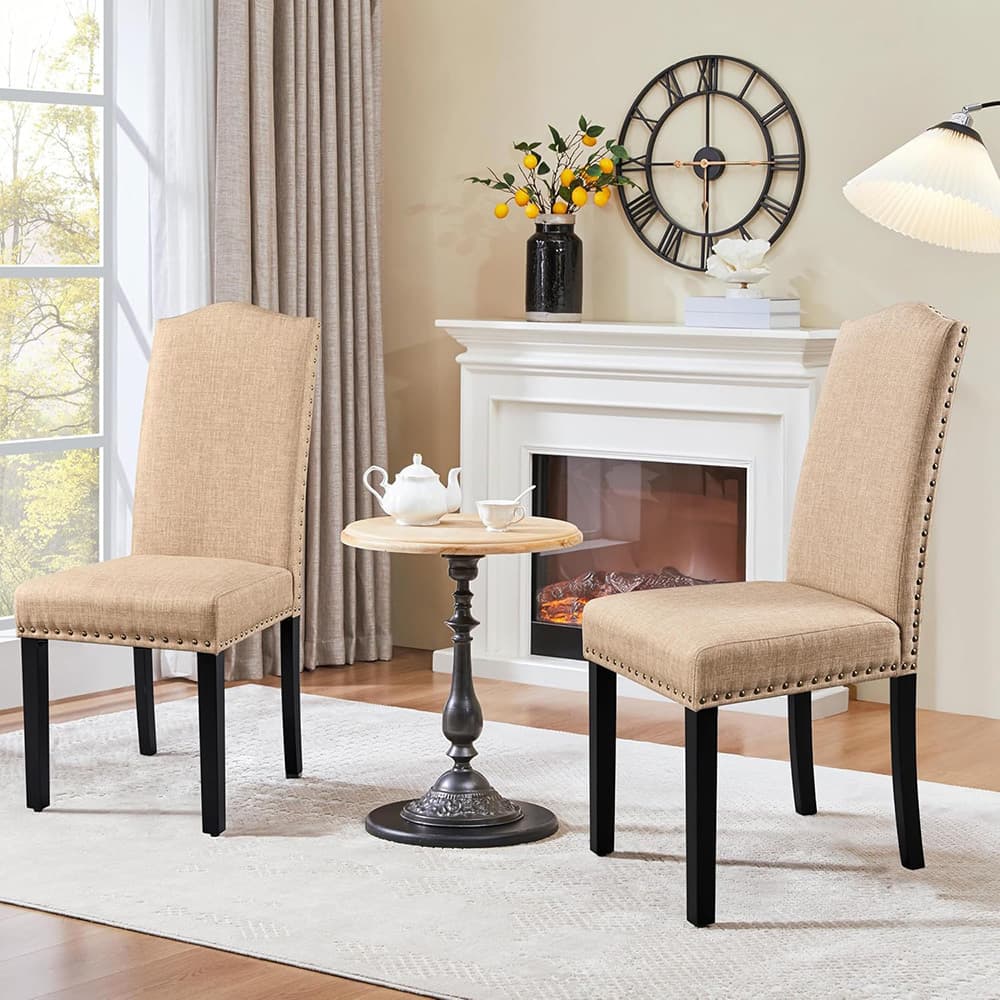 TEMU 2pcs Classic Dining Chairs Fabric Upholstered Kitchen Chairs Tall Back Dining Room Side Chairs With Nail Head Trim Solid Wood Legs, Dark Gray/khaki, Christmas Furniture