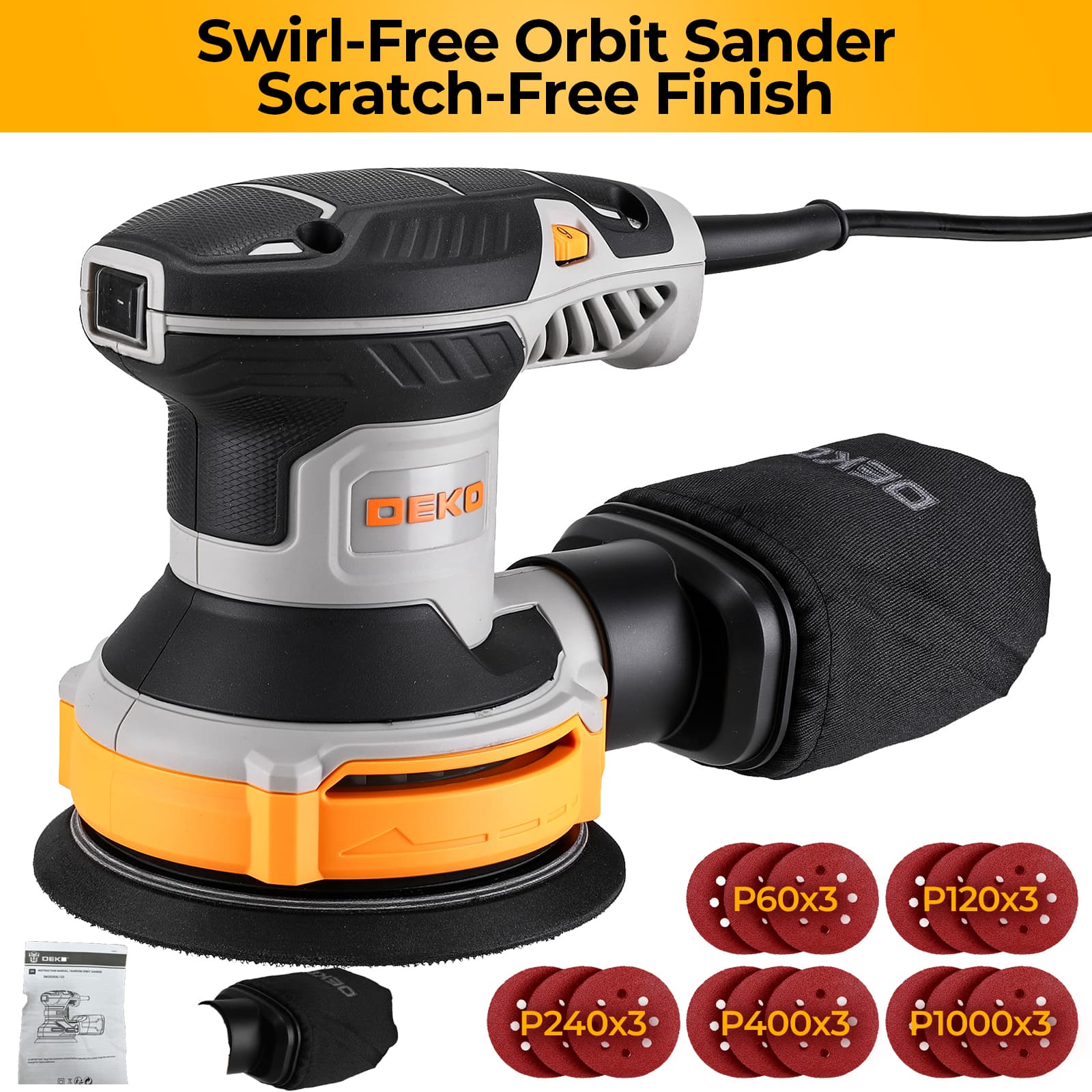 TEMU Deko 5-inch Random Orbit Sander | 6 Variable | 14000 Rpm | 300w Powerful Motor | Low Vibration | With 15 Sandpapers & Dust Bag | Orbital Sander For Wood, Furniture, Diy