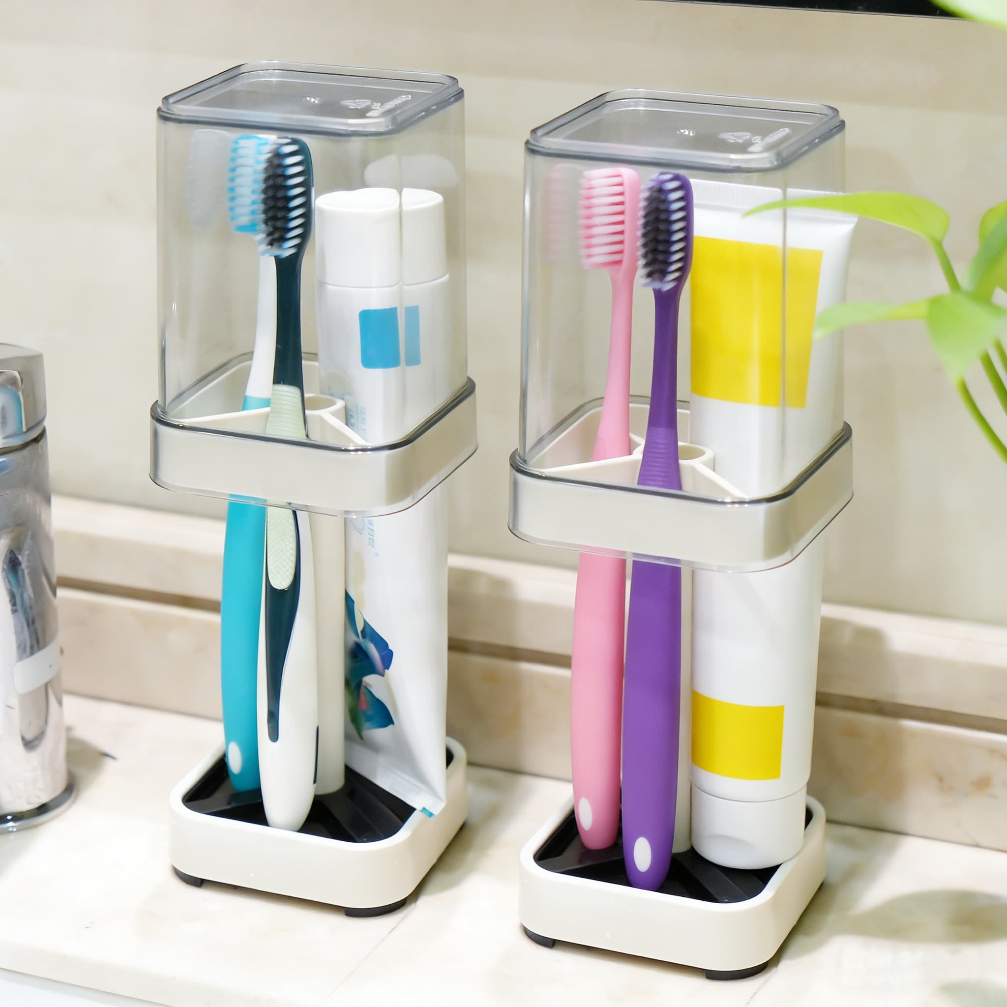 TEMU 2pcs Toothbrush Holder With Cup, Couple Toothbrush Storage Rack, Countertop Storage For Toothbrushes, Toothpaste Holder, Home Decoration, Bathroom Accessories, Space Saving Design, 2pcs