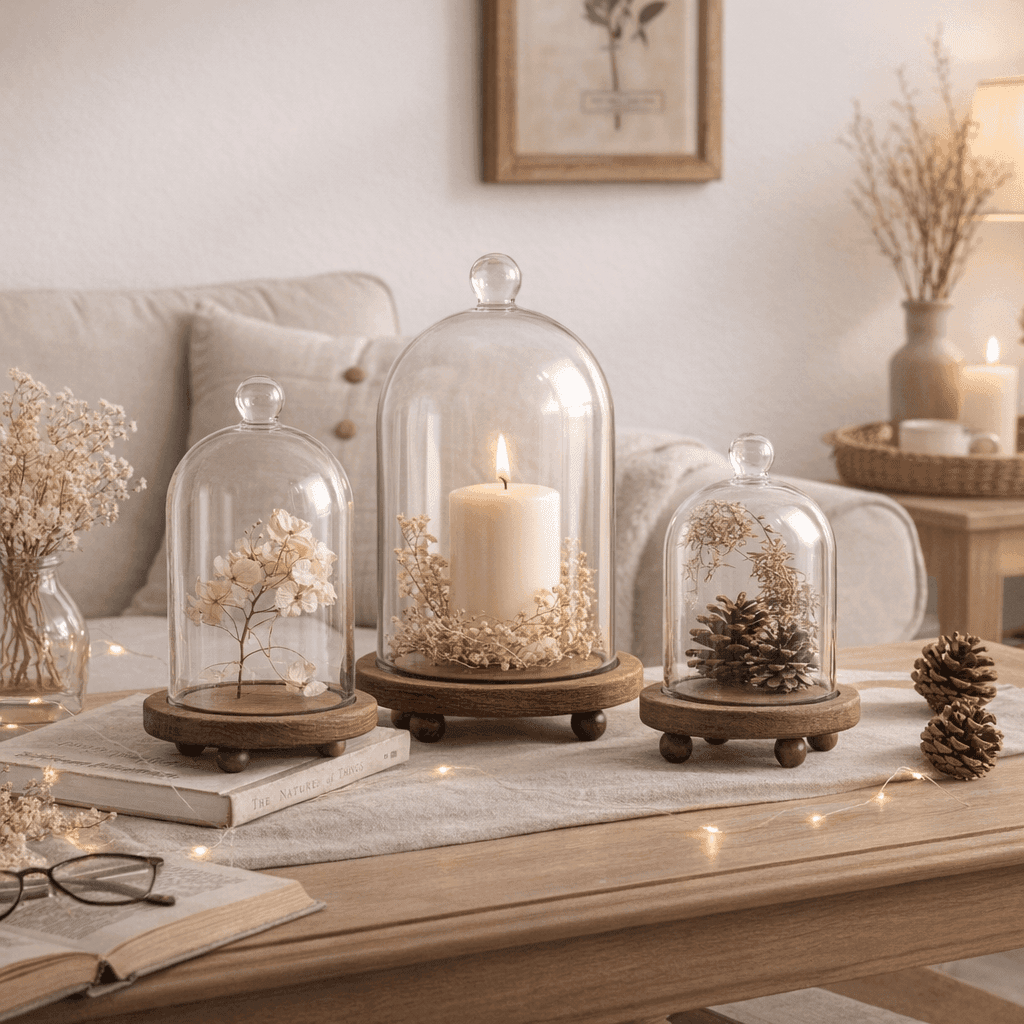 TEMU 3 Pack Glass Cloche Dome With Wooden Base, Vintage Decorative Bell Jar Set For Display, Dustproof Cover For Plants, Figurines & Candles, Decor For Wedding, Holiday & Gifts