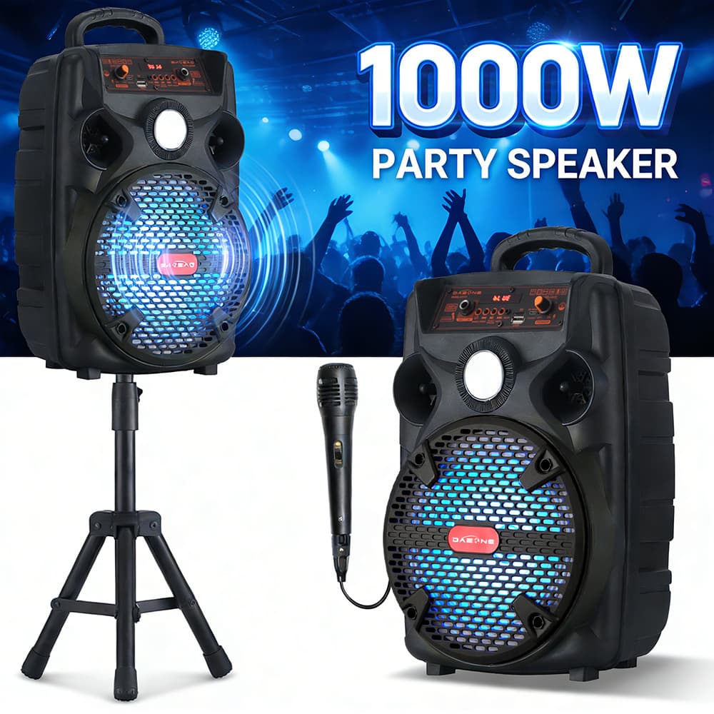 TEMU 1000w Portable Pa Speaker System With Stand & Wired Microphone, 8" Bluetooth With 7-color Led Lights, Tws Technology, Fm/usb/tf/aux, Rechargeable For Karaoke, Dj,