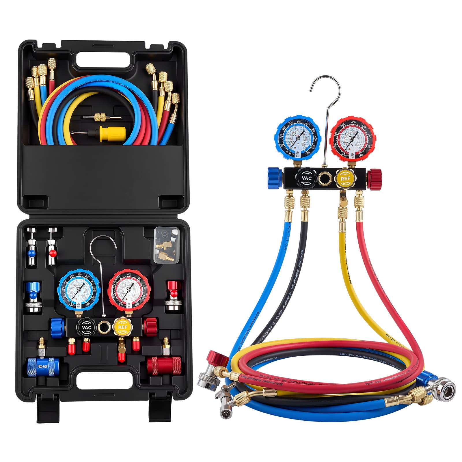 TEMU Vevor Ac Manifold Gauge Set For R404a R1234yf , 4 Way Ac Gauge With 5 Ft Hoses, Adapters, Quick Couplers, Can Taps For Automotive Air Conditioning Maintenance, Charging Evacuation