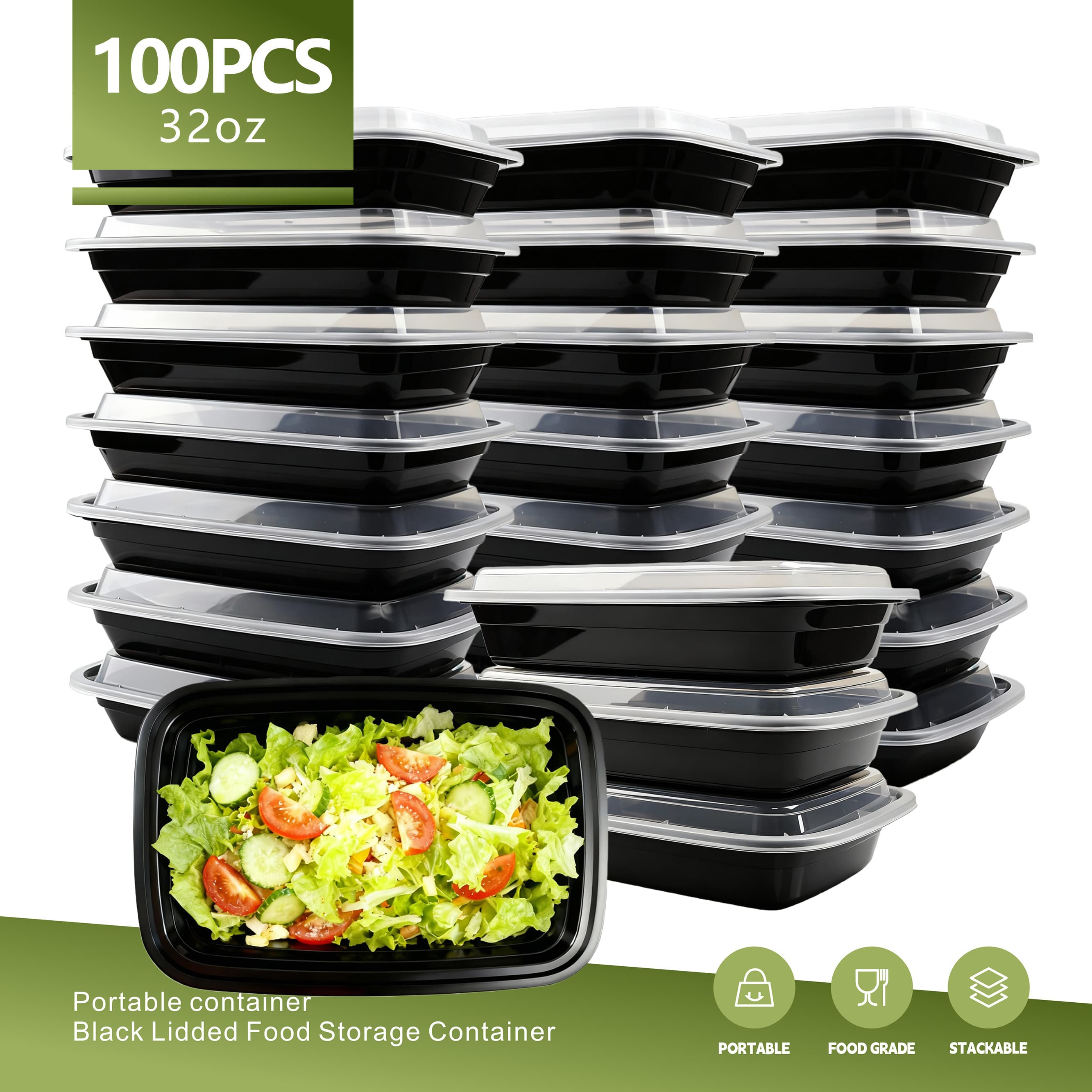 TEMU 100pcs (50 Containers & 50 Lids) 32oz Black Meal Prep Containers - Bulk Stackable Food Storage Boxes For Food Truck, Prep, Lunch & | Leakproof, Microwave & Dishwasher Safe