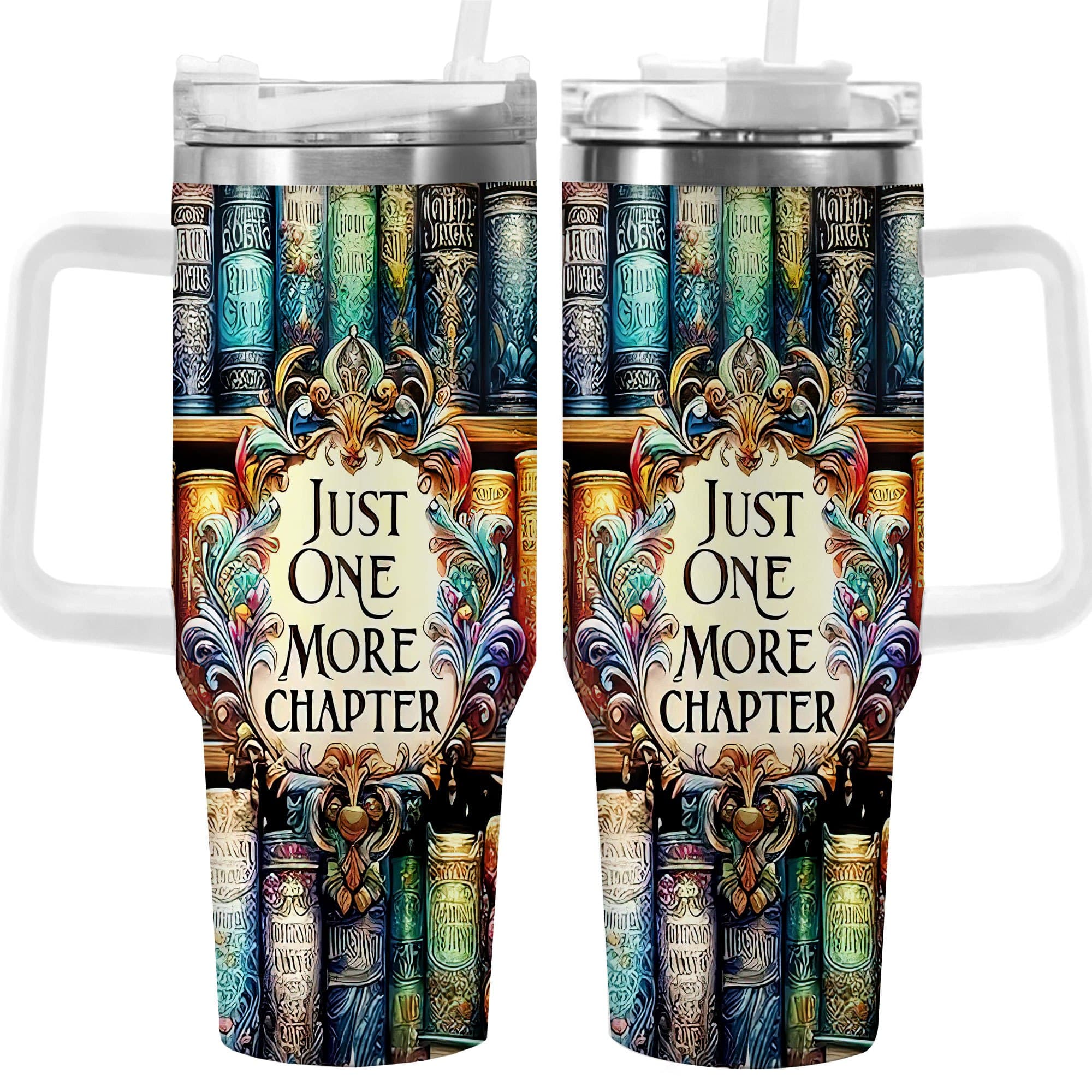 TEMU 1pc 40oz Vibrant Bookshelf Art Tumbler, Double Wall Vacuum Insulated Travel Mug, Spill Proof Lid, Gift For Dad, Mom, Ideal For Christmas, Father's Day, Birthday Gift, Coffee Cup