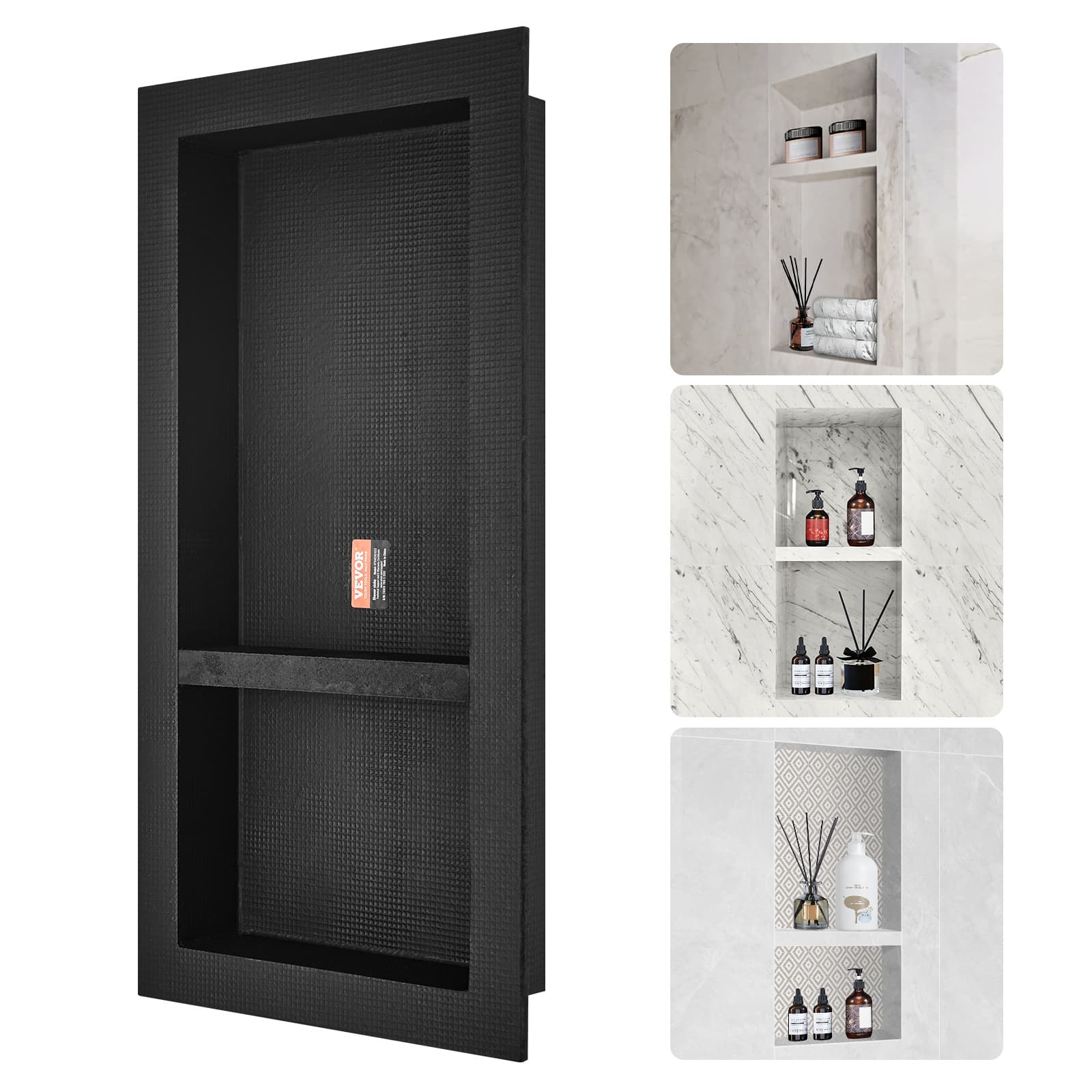 TEMU Vevor Shower Ready For Tile 16" X 16"/ 16" X 32", Single/double Shelf Organizer, Wall-inserted Recessed, Sealed Protection Modern Soap Storage For Shower Bathroom, Black