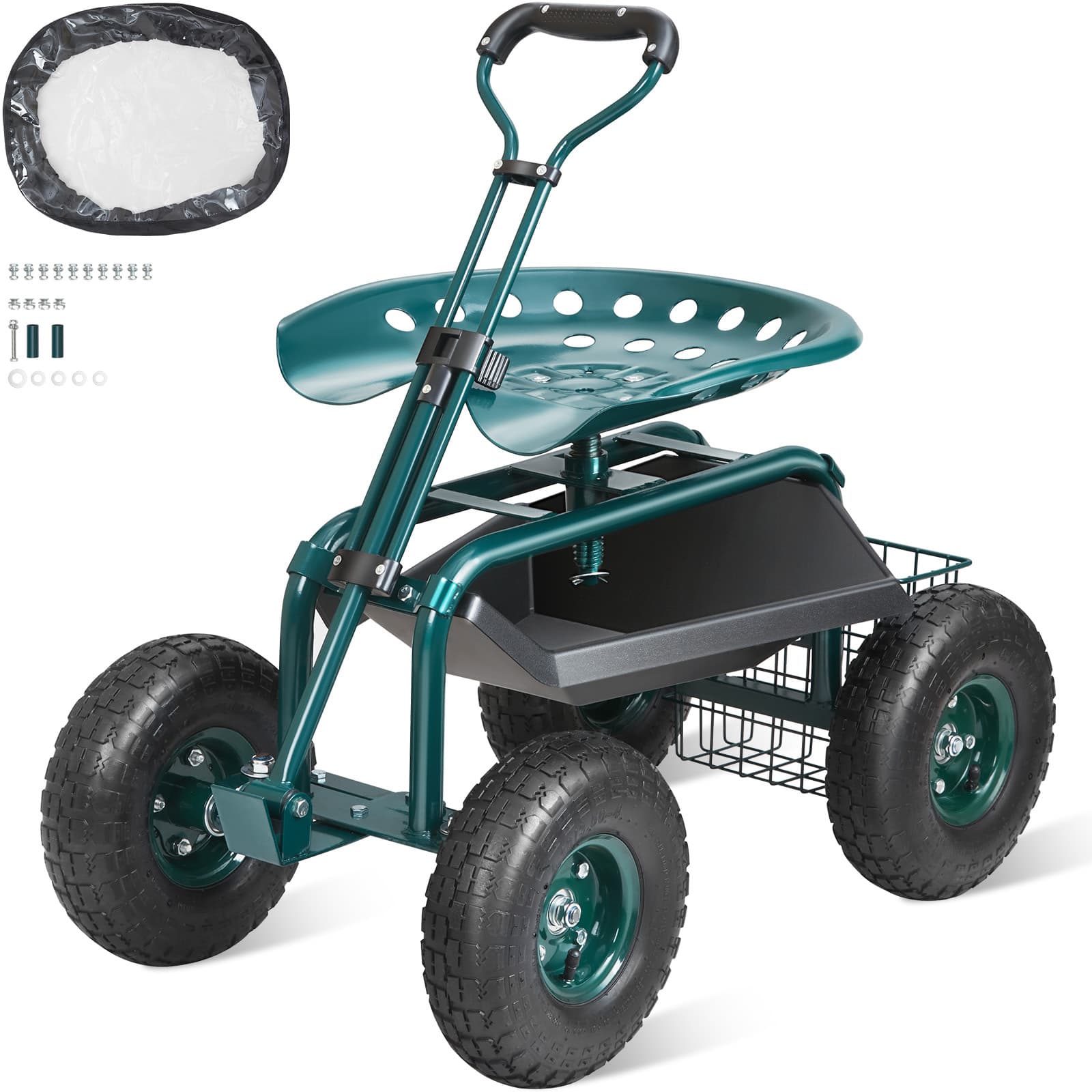 TEMU Vevor Garden Cart Rolling Workseat With Wheels, Gardening Stool For Planting, 360 Degree Swivel Seat, Wagon Scooter With Steering Handle & Tray, Use For Patio, Yard, And Outdoors, Green