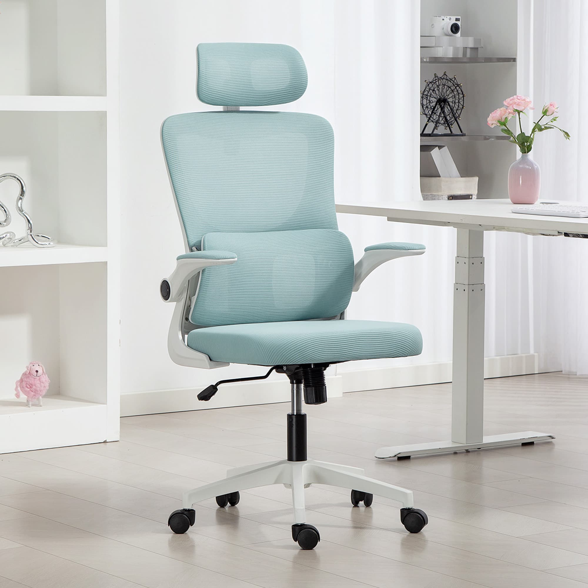TEMU Ergonomic Office Chair With Lumbar Support, High Chair With Adjustable Headrest & Height, Rotatable Arm, Tilt Function For Office, Light Blue