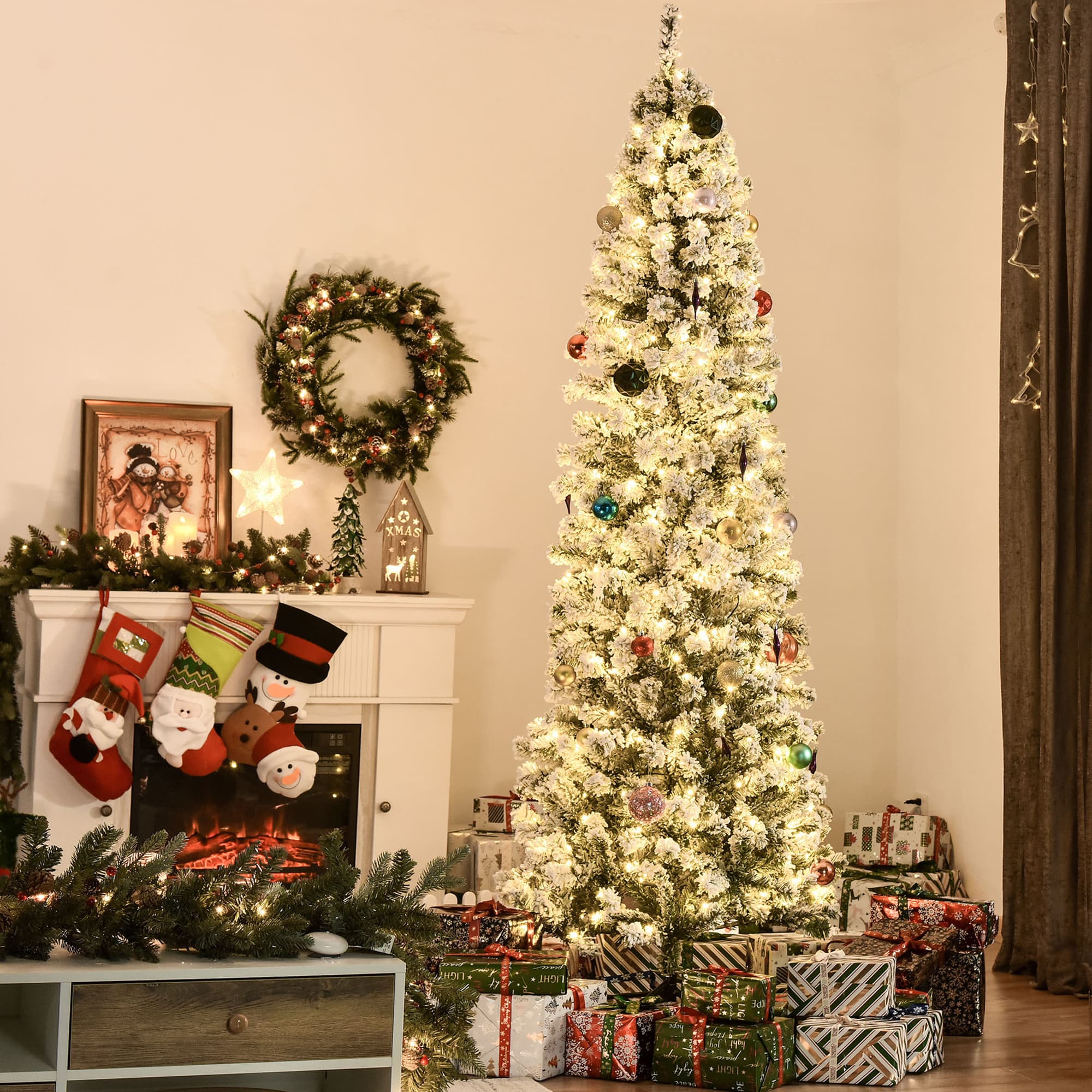 TEMU 7.5 Feet Artificial Snow Flocked Pencil Christmas Tree, Slim Xmas Tree With Warm White Led Light, Xmas Decoration, Green