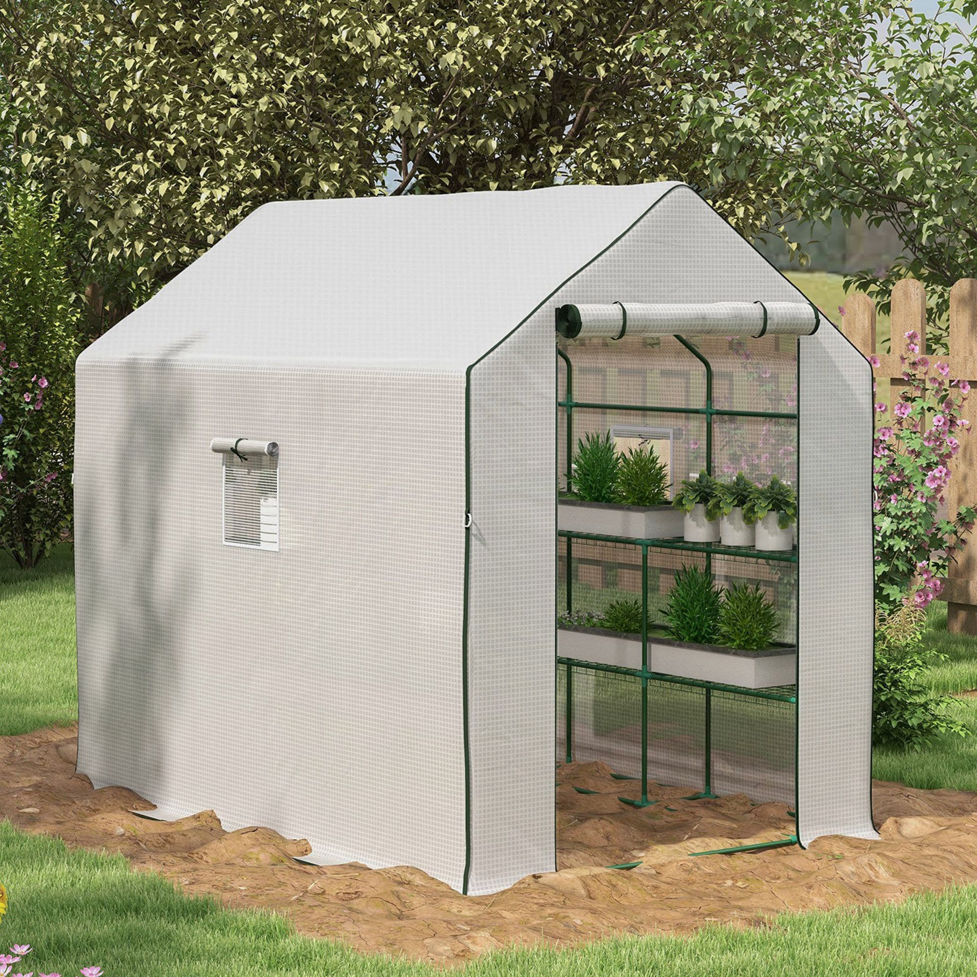 TEMU Outsunny 4.6' X 4.7' Portable Greenhouse, Water/uv Resistant Walk-in Small Outdoor Green House With 2 Tier U-shaped Flower Rack Shelves, Roll Up Door & Windows, White