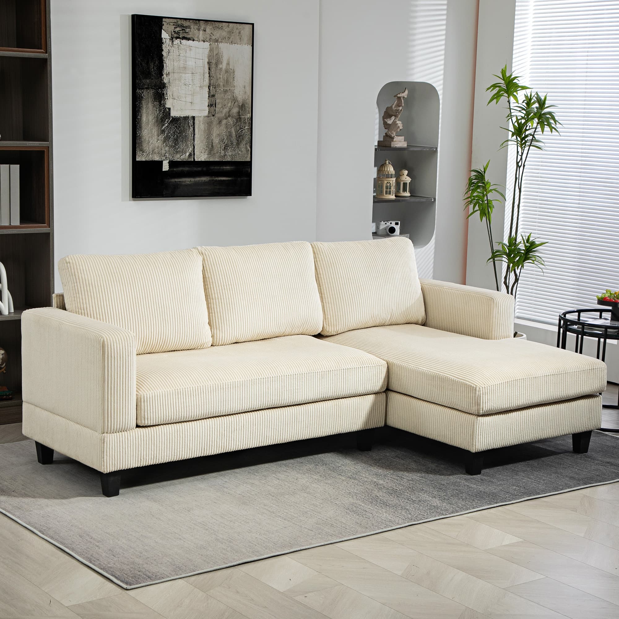TEMU Homcom Sectional Sofa With Chaise Lounge And Thick , Corduroy L Shaped Couch, 3 Seater Corner Sofa For Living Room, Bedroom, Beige