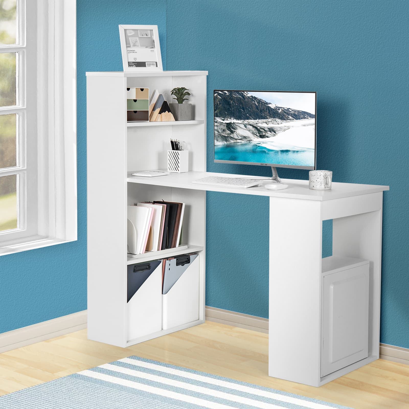 TEMU Costway 48" Computer Desk, Writing Table Workstation W/6-tier Storage Shelves, Modern Compact Computer Desk Bookcase For , Space-saving Design, White