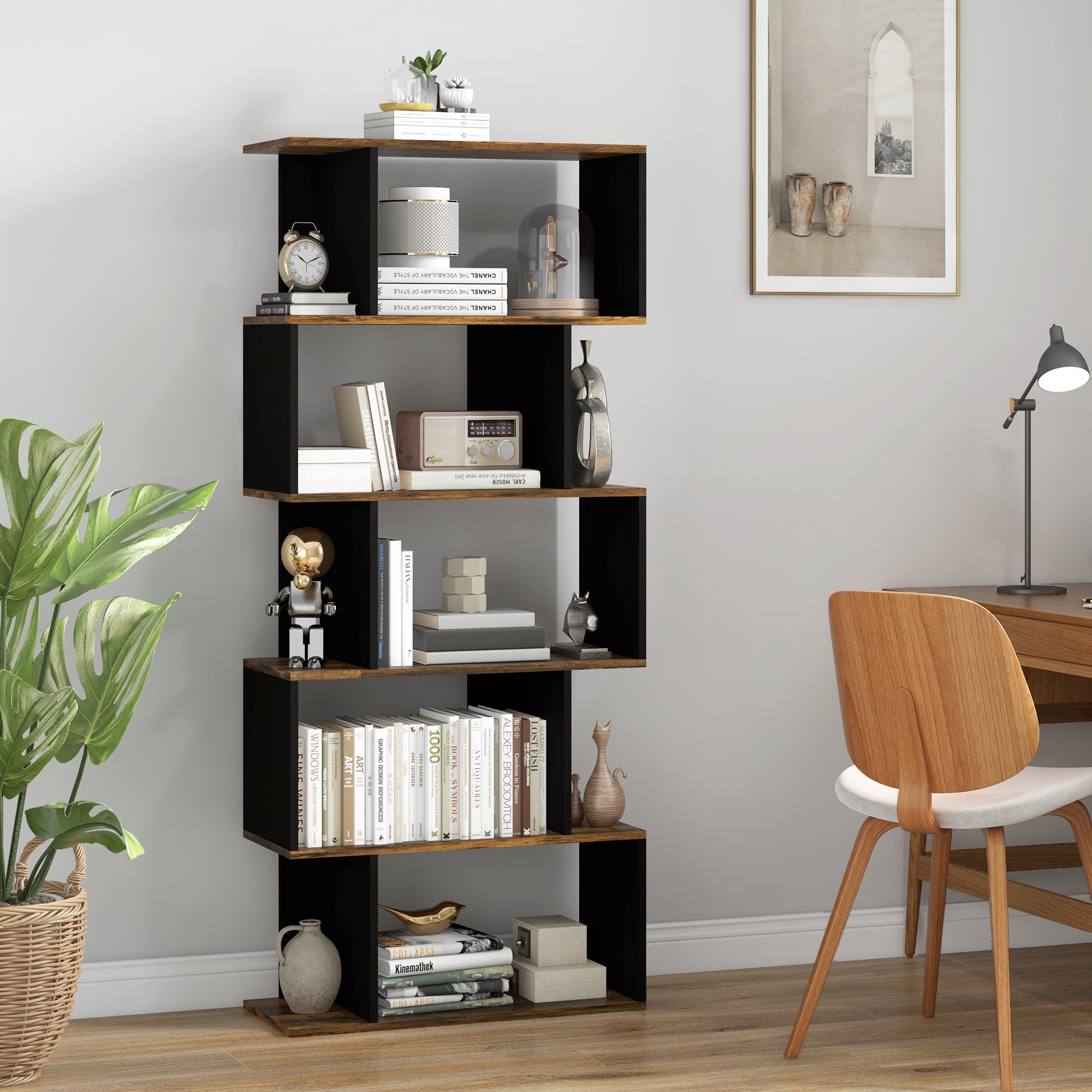 TEMU Homcom 5-tier Bookshelf, Geometric S Shaped Bookcase, Tall Narrow Display Shelf For Living Room, Study Room, Home Office, Rustic Brown