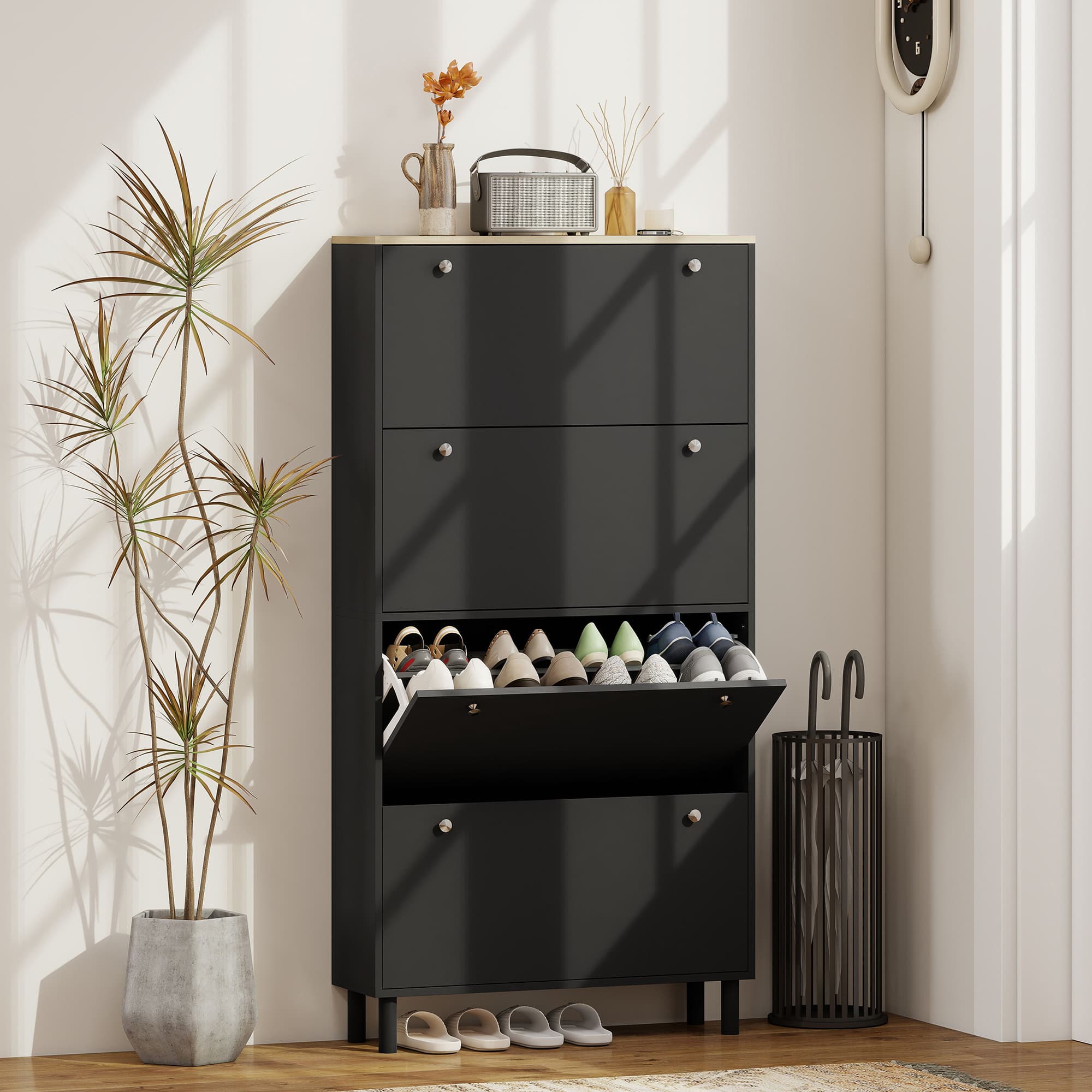 TEMU Homcom Narrow Shoe Cabinet With 4 Flip Drawers, Slim Shoe Storage Cabinet With Adjustable Shelves For Entryway Hallway, Holds 24–32 Pairs, Black