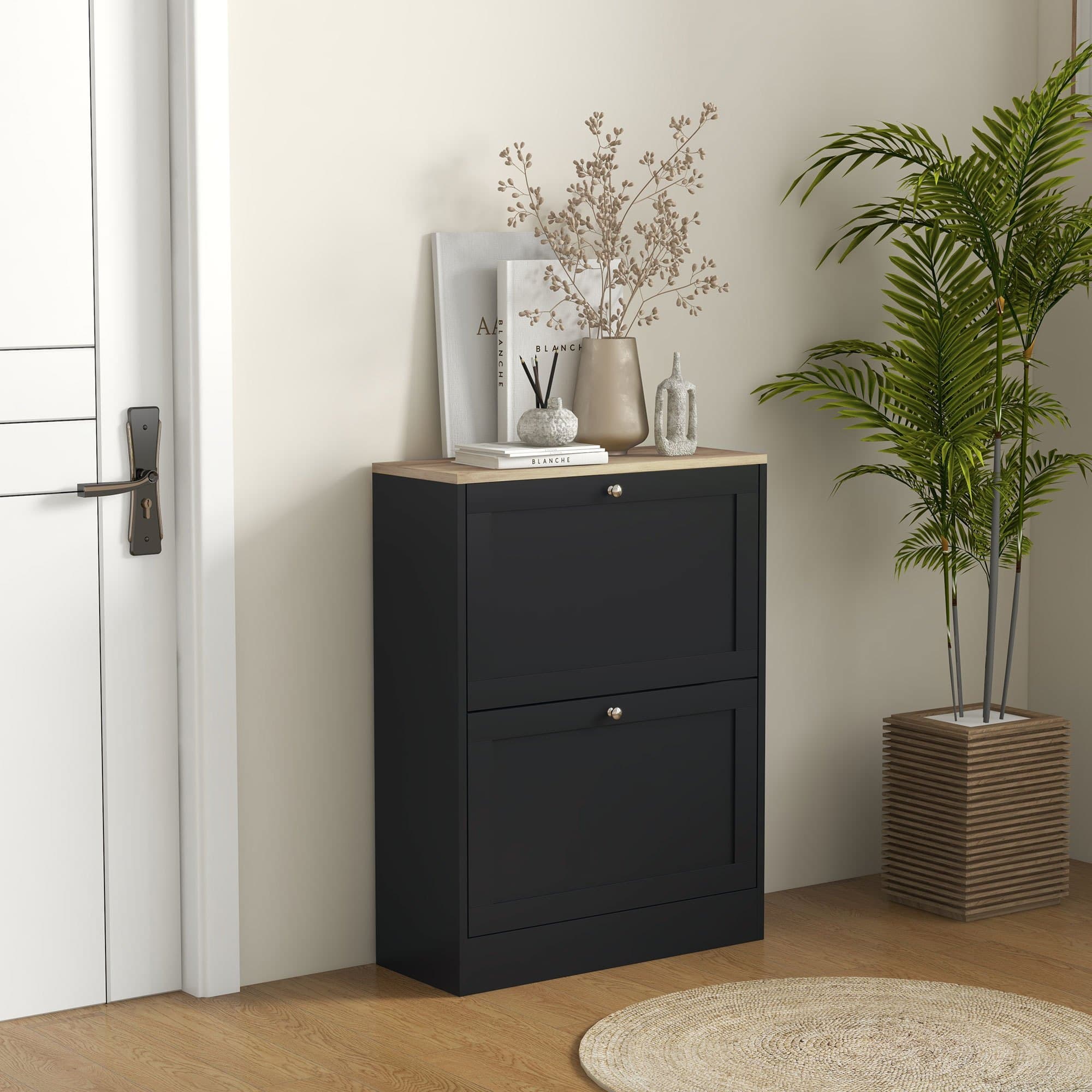 TEMU Narrow Shoe Cabinet With 2 Flip Drawers And Adjustable Shelves, Shoe Storage Unit For Hallway, Entryway, Holds 12 Pairs Of Shoes, Black