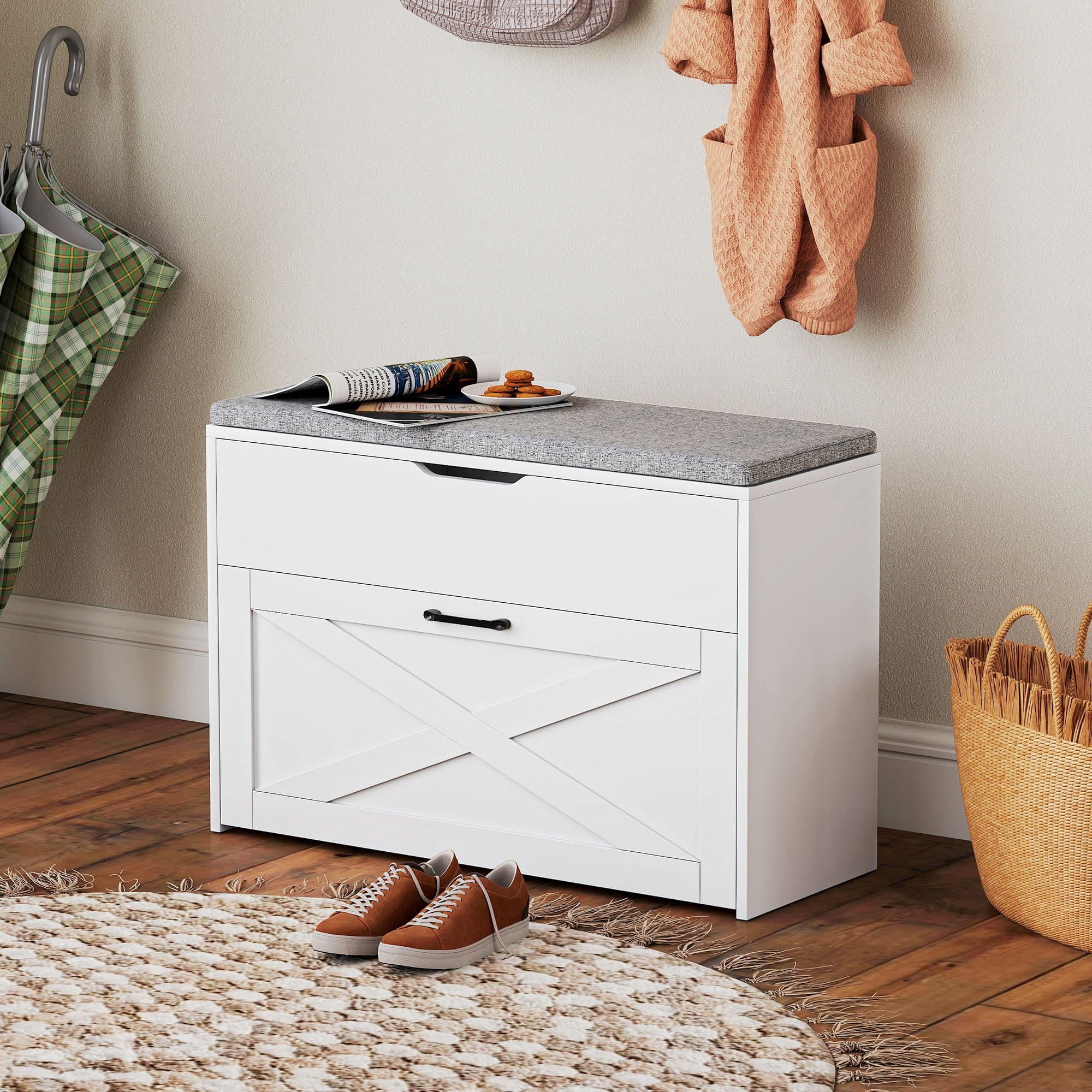 TEMU Homcom Shoe Bench With Storage, Farmhouse Entryway Bench With Flip Drawer, Lift Top Storage, And Padded Seat Cushion For 4–8 Pairs, Ideal For Hallway, Living Room, Bedroom, White