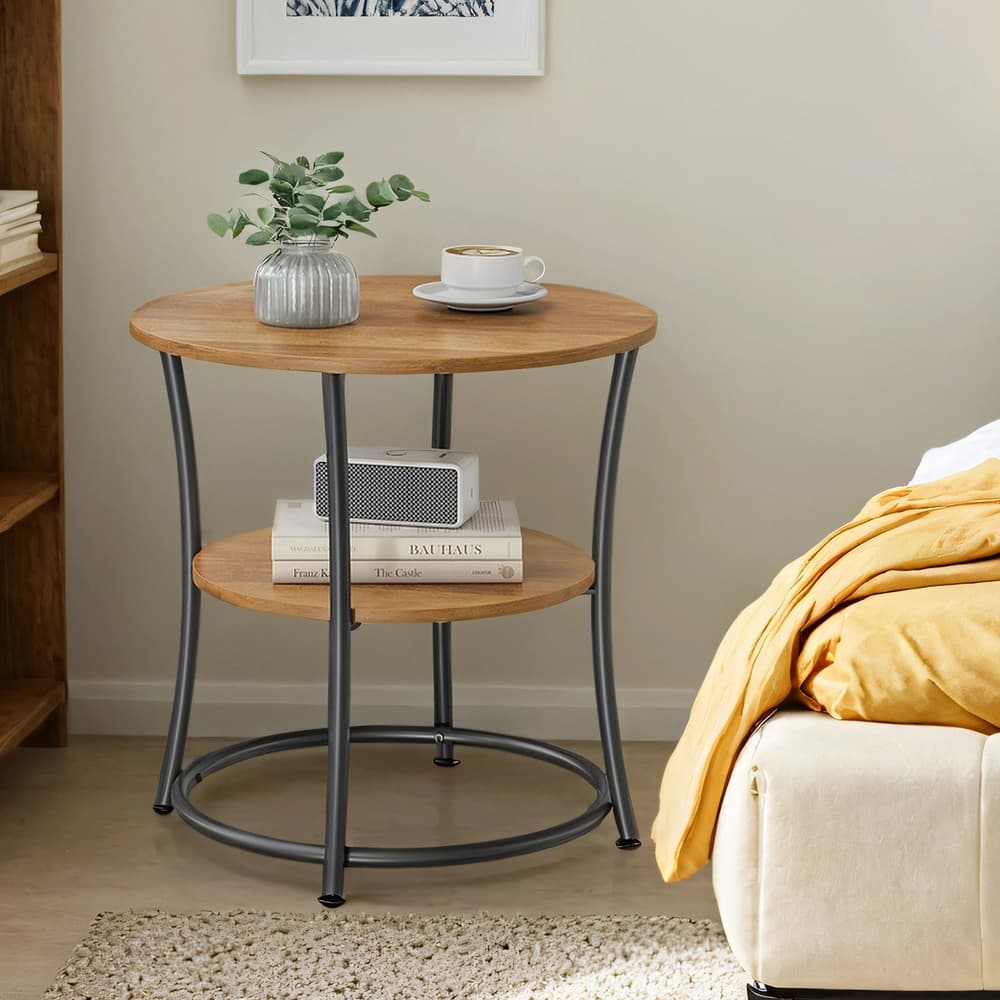 TEMU Side Table, Round End Table With 2 Shelves For Living Room, Bedroom, Nightstand With For Small Spaces, Outdoor Accent Coffee Table, Rustic Walnut And Ink Black — image 1