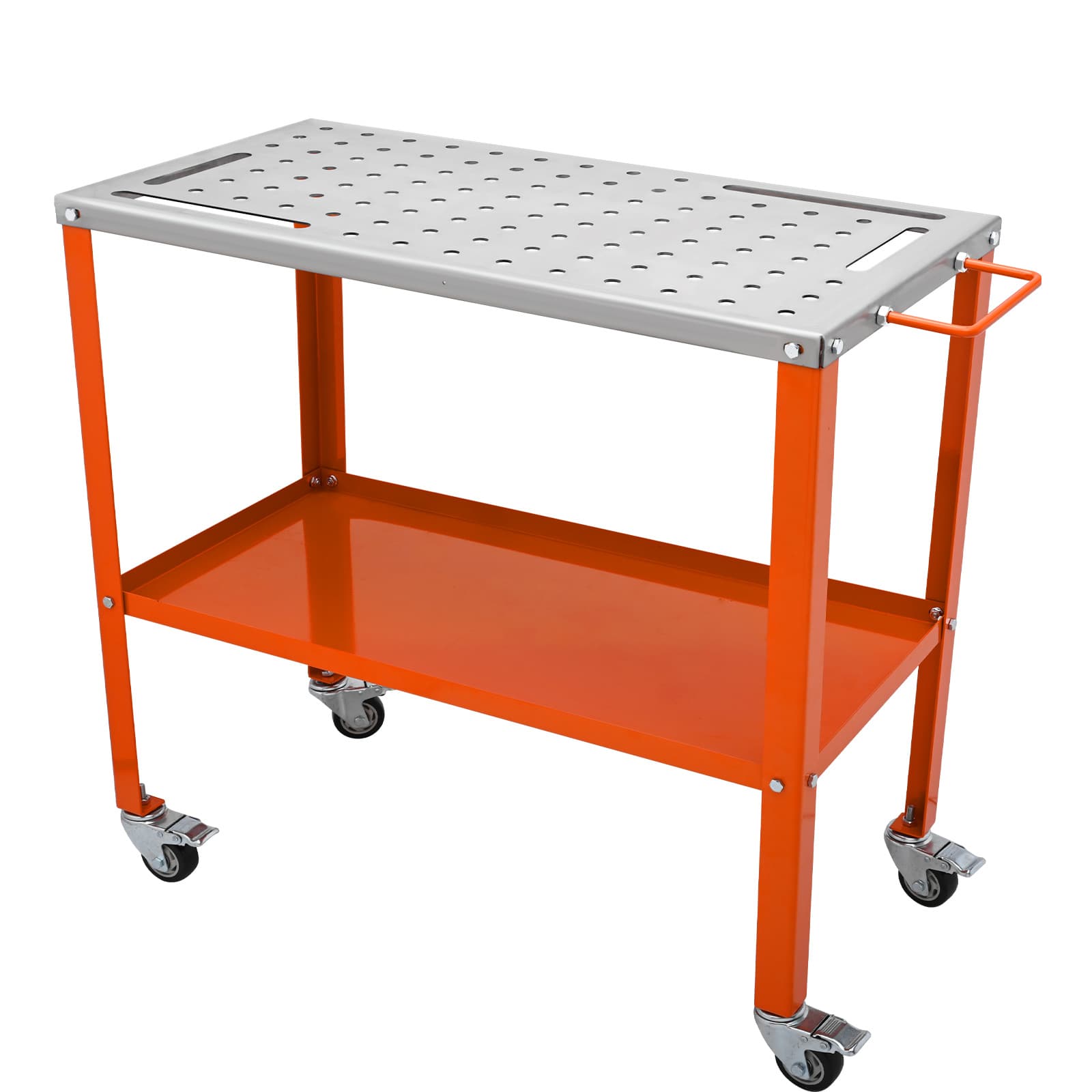 TEMU Vevor 36" X 18" Welding Table, 1200lbs Load Capacity Steel Welding Workbench Table On Wheels, Portable Work Bench With Braking Lockable Casters, 4 Tool Slots, 5/8-inch Fixture Holes, Tool Tray