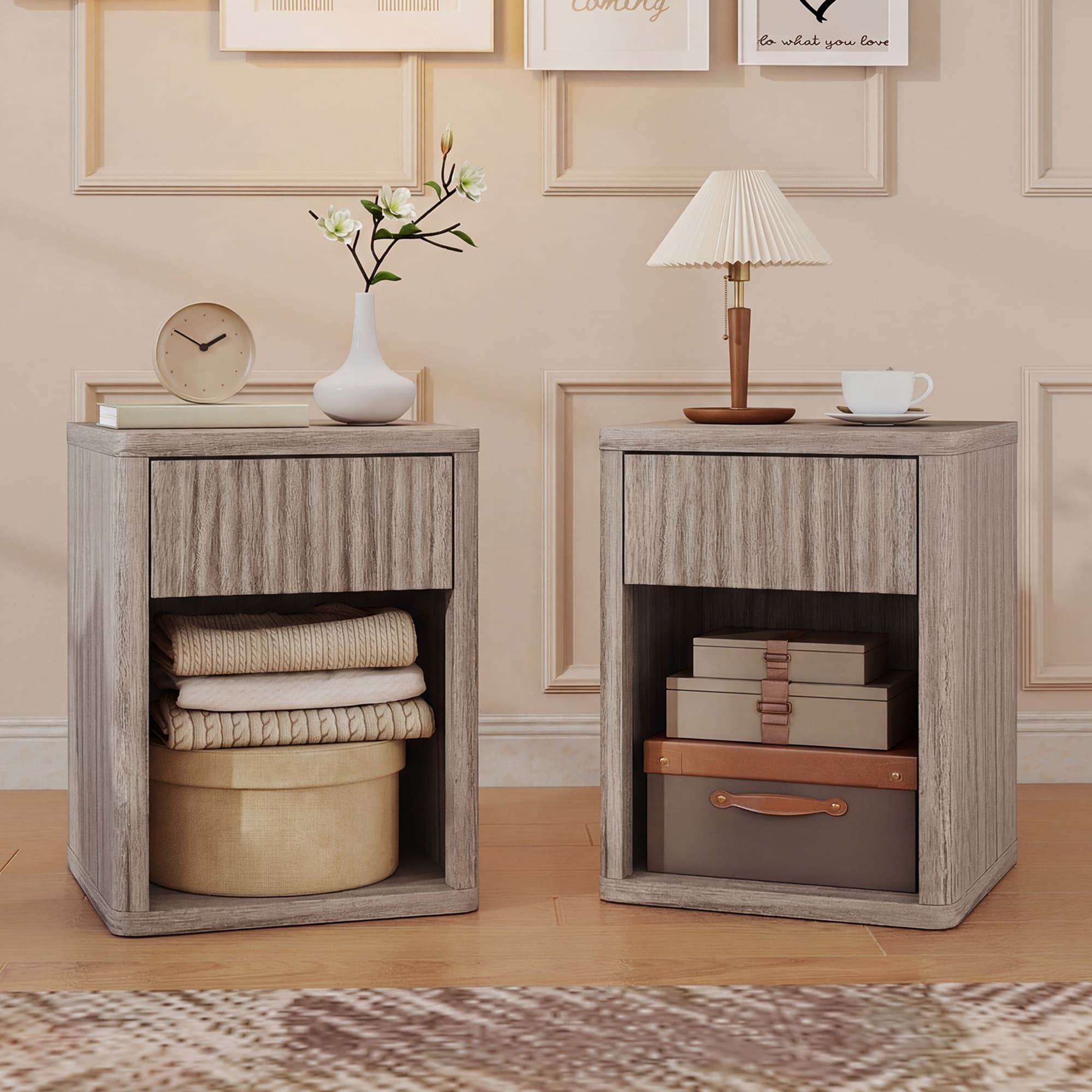 TEMU Modern Nightstand Set Of 2, Bedside Table With Drawer And Open Shelf, Side End Table For Bedroom, Grey
