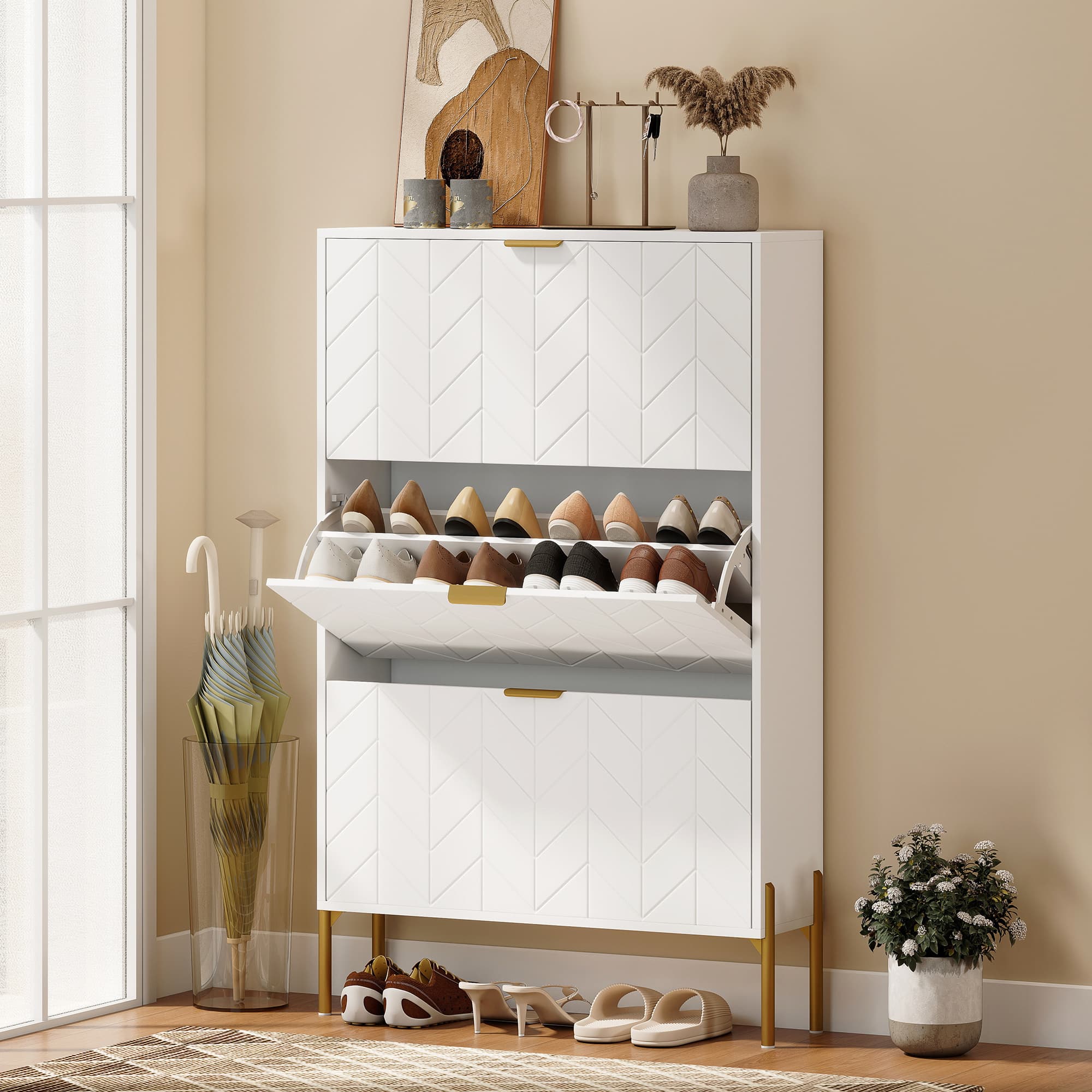 TEMU Homcom Shoe Cabinet With 3 Flip Drawers, Narrow Shoe Storage Cabinet With Chevron Pattern, Adjustable Shelves For Entryway, Hallway, Living Room, 18-24 Pairs, White