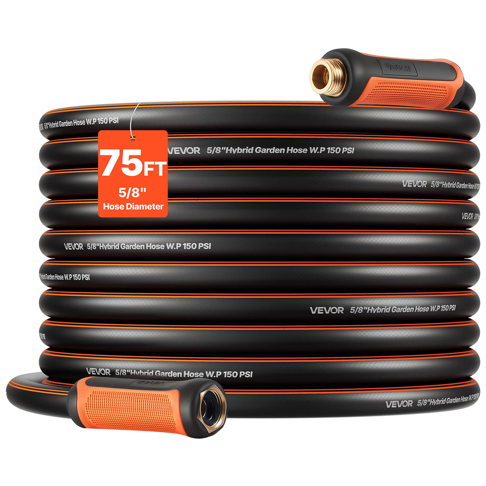 TEMU Vevor Garden Hose, 75 Ft 5/8" Heavy Duty 4-layer Rubber Water Hose, 150psi Working & 600psi , Flexible & Non-kink Outdoor Waterhose With 3/4" Fitting, Lightweight Hoses For Gardening Cleaning