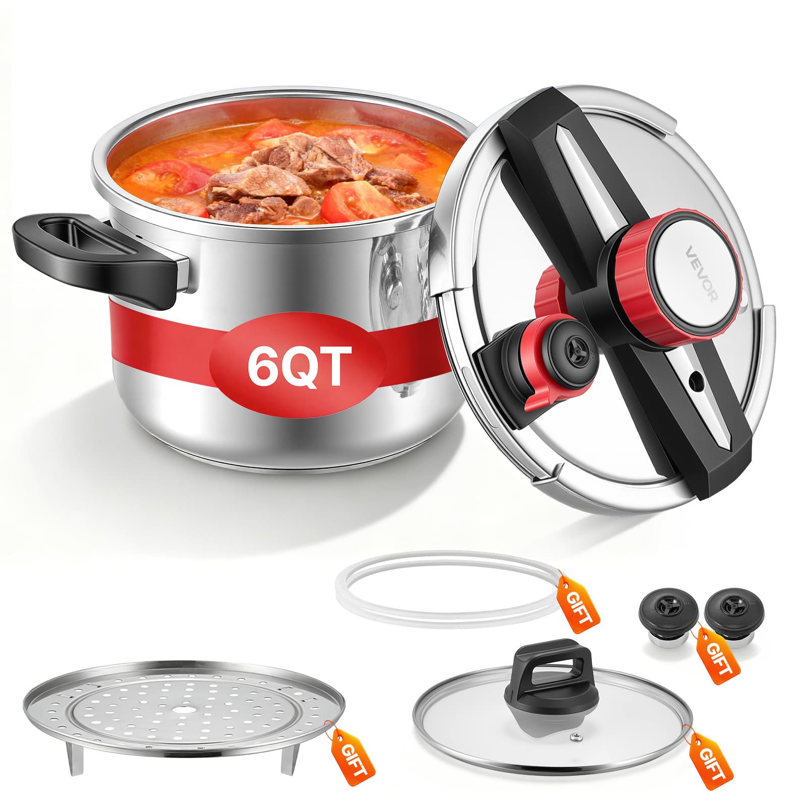TEMU Vevor Pressure Cooker, 6.3qt Pressure Cooker Stainless Steel, Pressures Canner With Steaming Rack, Tempered Glass Lid, 3 Pressures Settings For Meat, Beans, Rice, Soup, Sauces, Cook Up To 100 Kpa