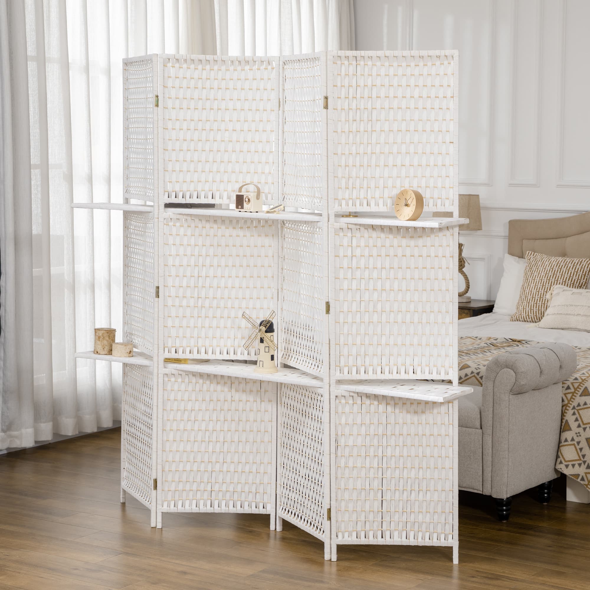 TEMU 4 Panel Room Divider With Shelves, 6 Ft Wave Fibre Freestanding Folding Privacy Screen, Partition Wall Divider For Indoor Bedroom Office, White