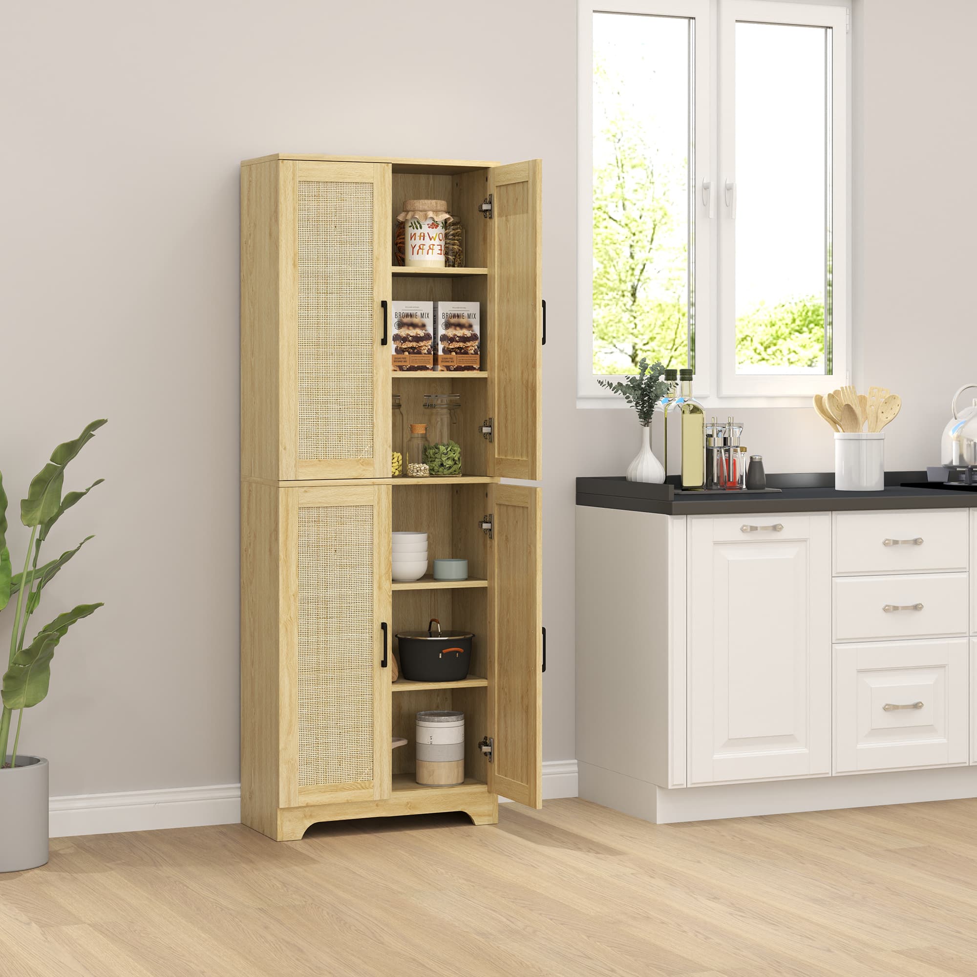 TEMU Kitchen Pantry With 4 Rattan Doors And Adjustable Shelves, Oak