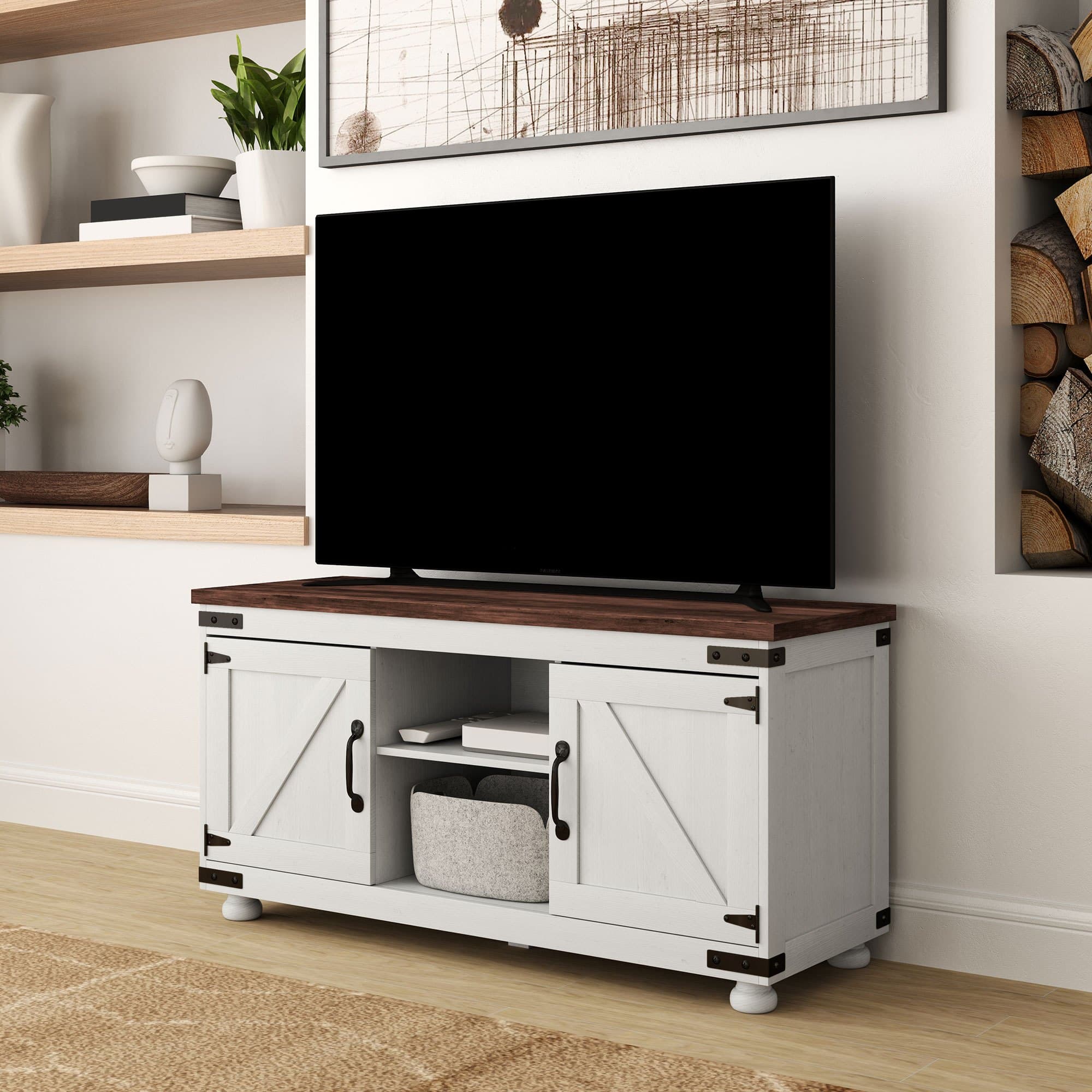 TEMU Farmhouse Tv Stand For Up To 50" Tv With Barn Doors Distressed White
