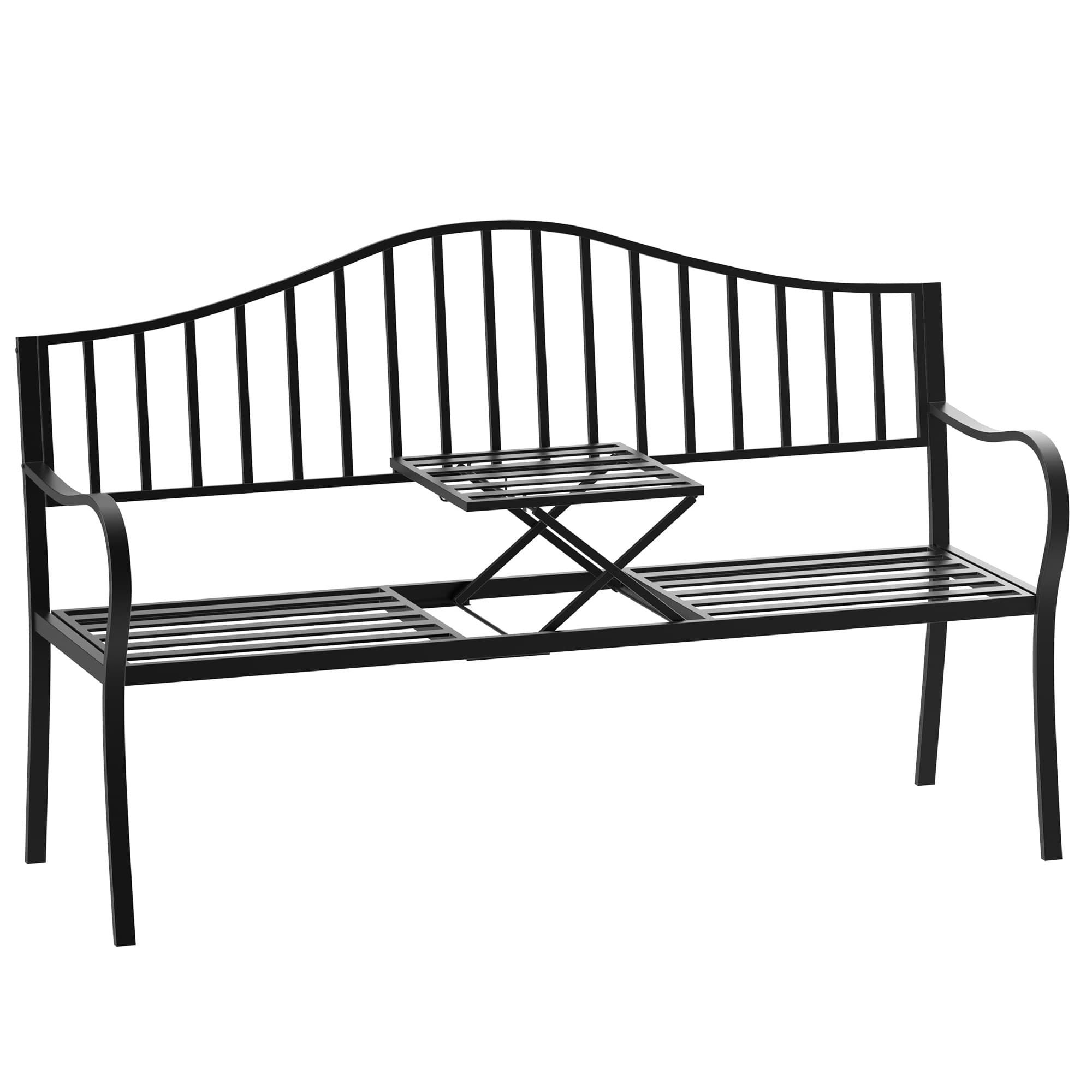 TEMU Outdoor Metal Garden Bench Porch Loveseat All Weather W/ Retractable Middle Table Black