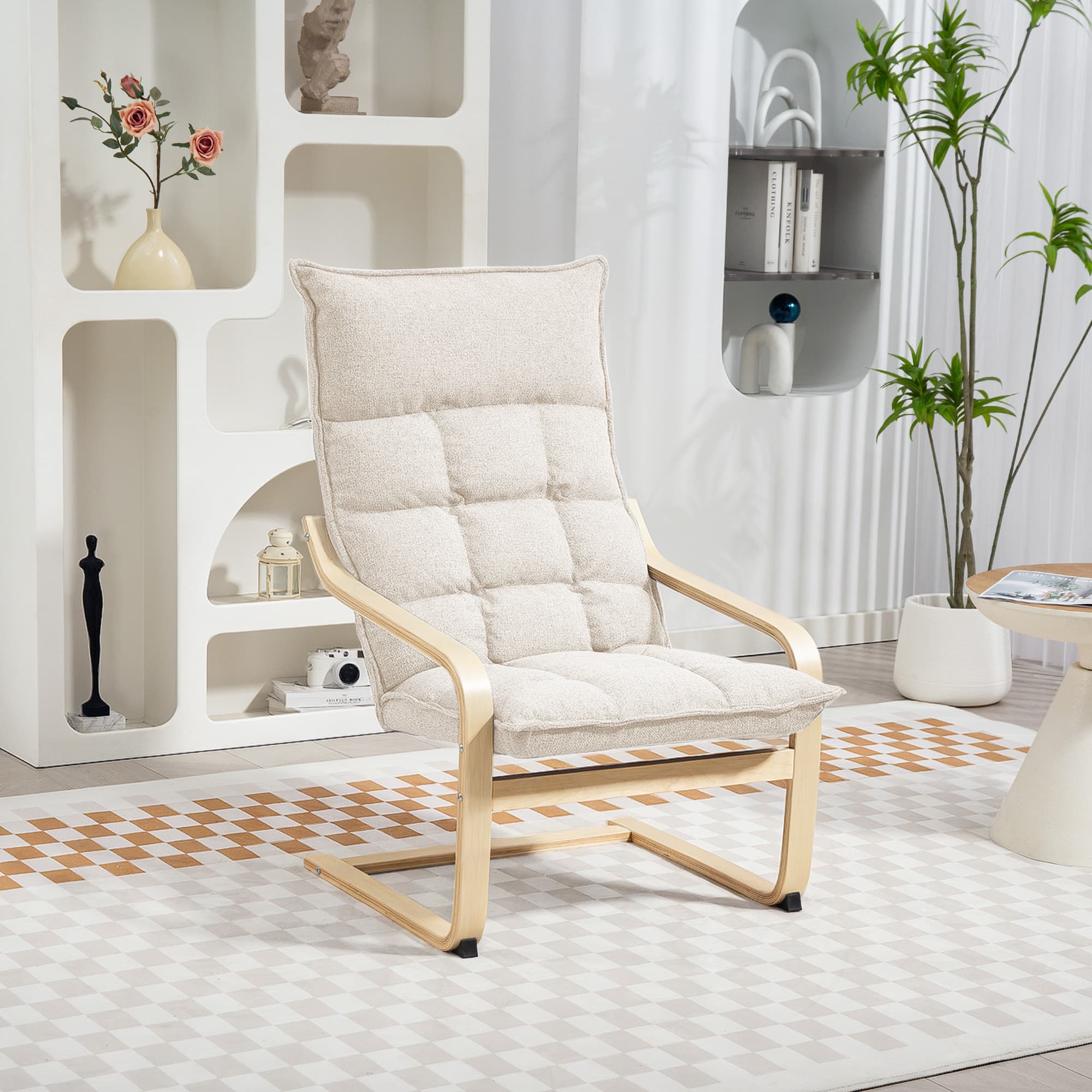 TEMU Modern Armchair, Upholstered Accent Chair With Curved Leg Cream