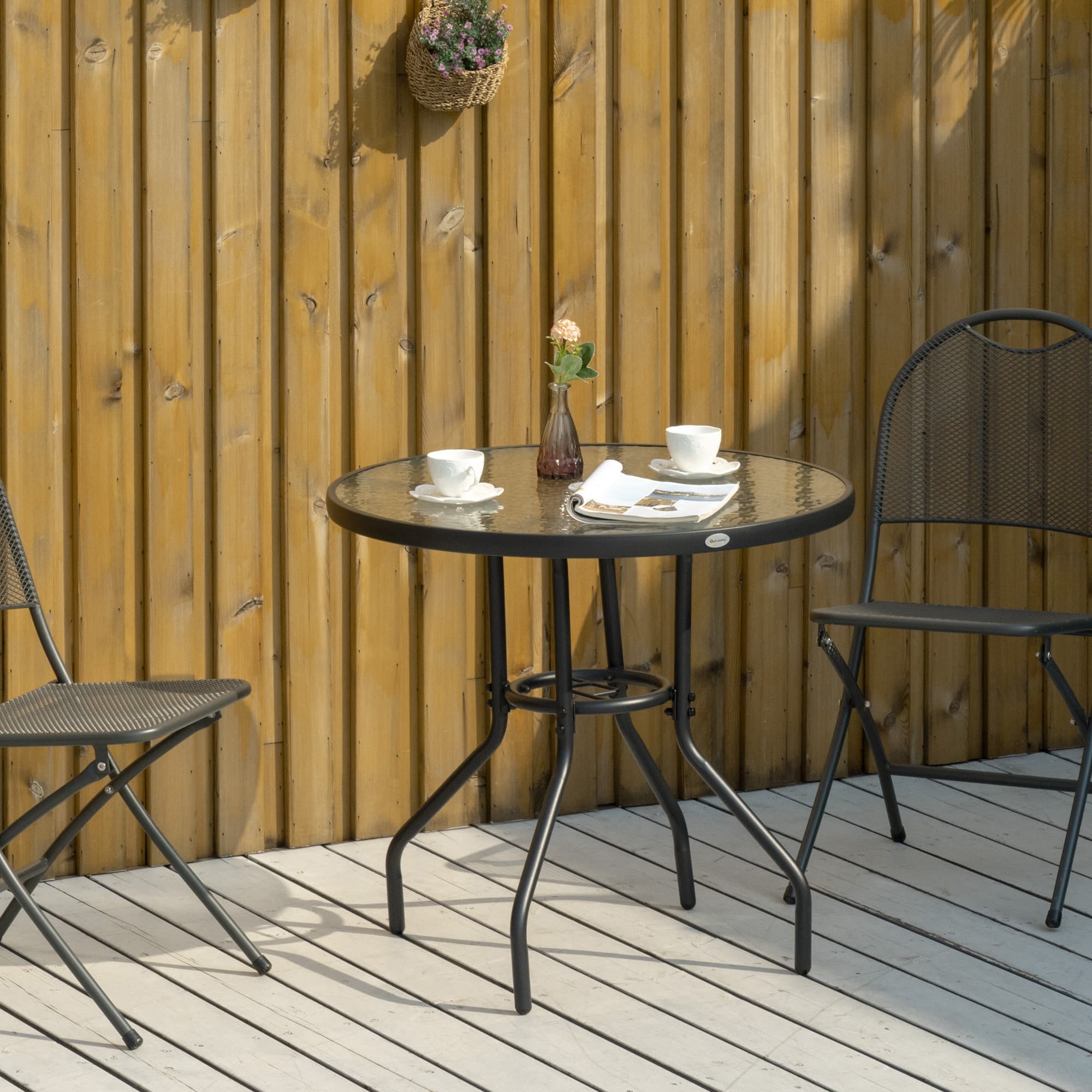 TEMU " Round Outdoor Dining Table With Umbrella Hole, Patio Coffee End Side Bistro Table With Tempered Glass Top, For Backyard, Garden, Black