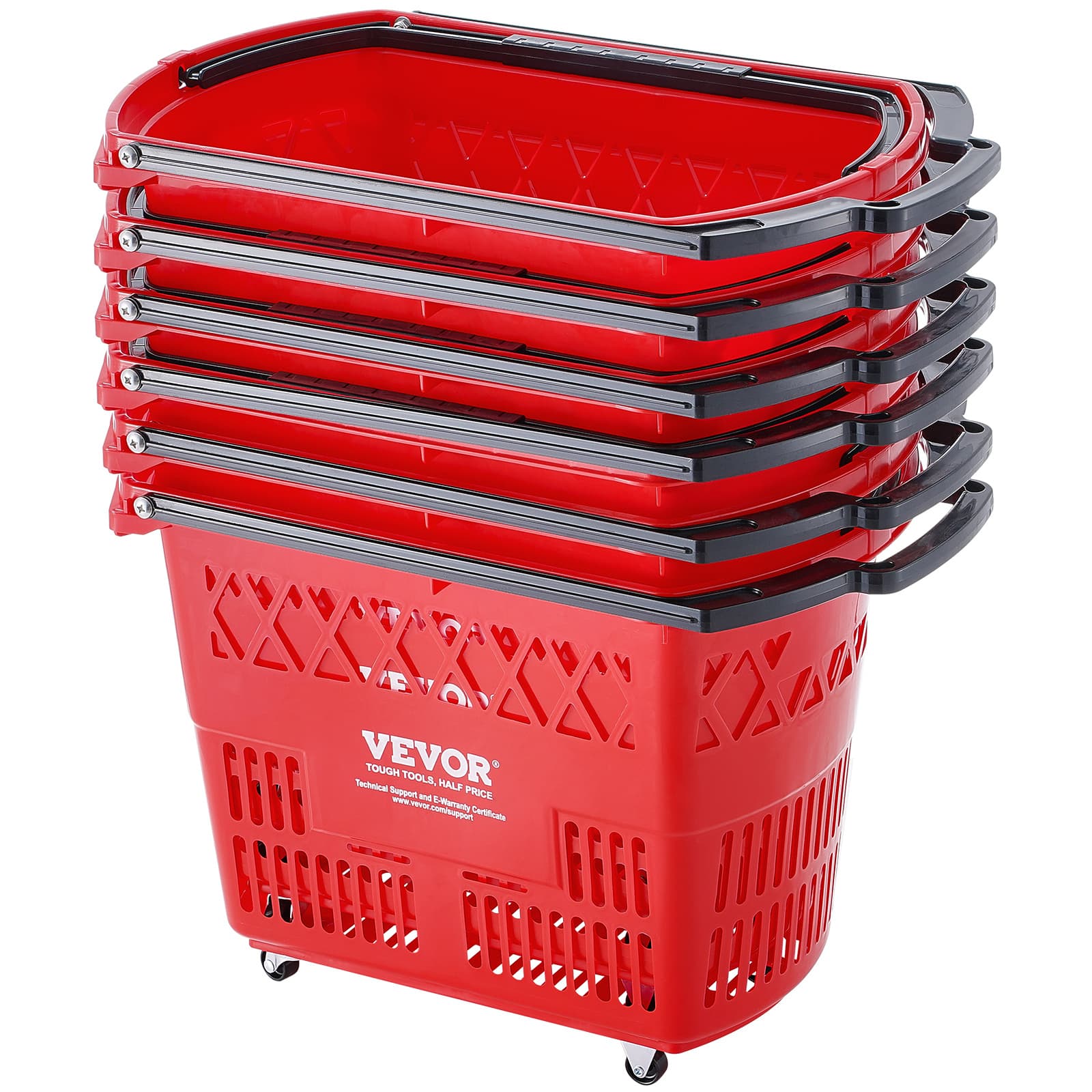 TEMU Vevor Plastic Rolling Shopping Trolley Basket On Wheels 6pcs 39l With Handle Red