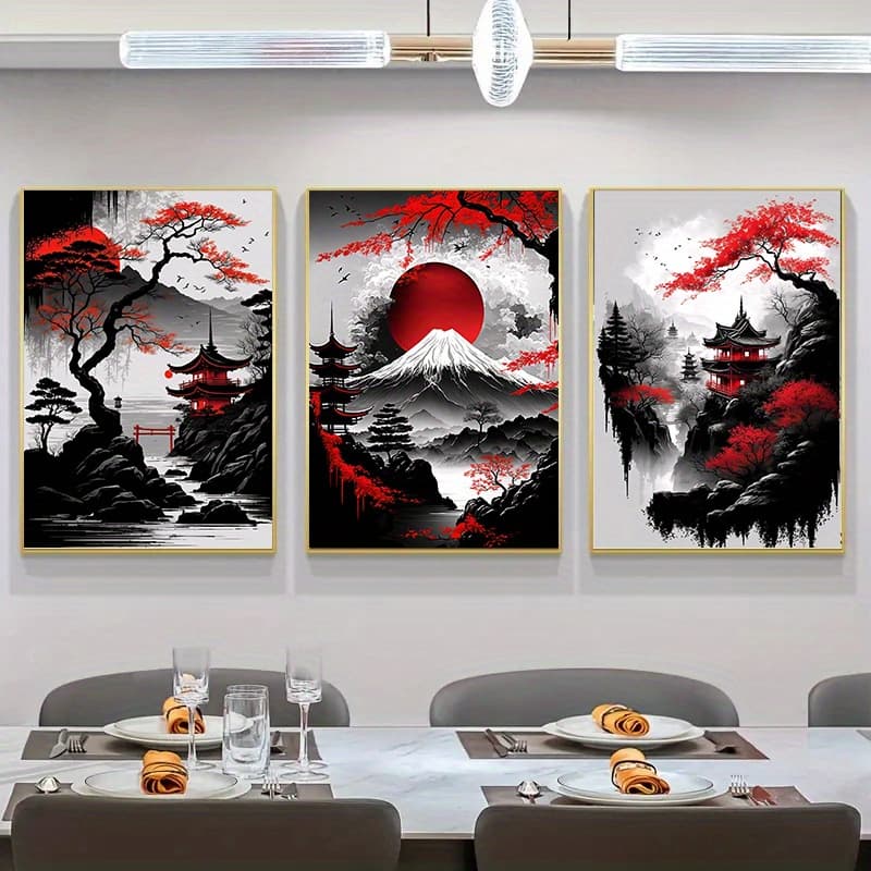 TEMU 3pcs Frameless Japanese Natural Landscape Canvas Painting Black And Red Posters Art Wall Art Prints For Living Room Bedroom Home Decor No Frame