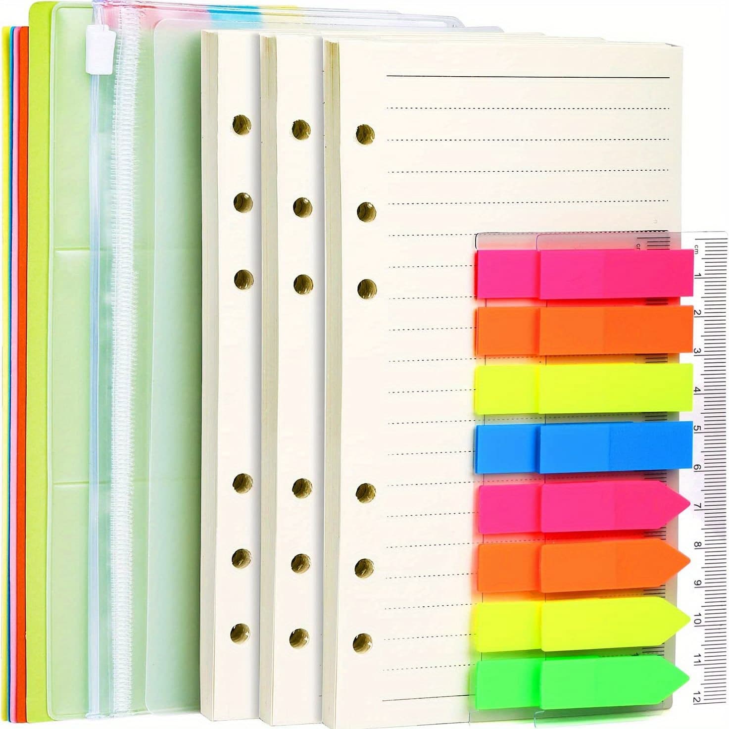 TEMU 5 Colorful A6 Refill Paper, 3pcs Of 40pcs A6 6 Ring Loose Leaf Paper, Thick 100gsm Paper, 2pcs Of 160pcs Neon Page Markers With Ruler, With Binder Pockets & Binder Dividers