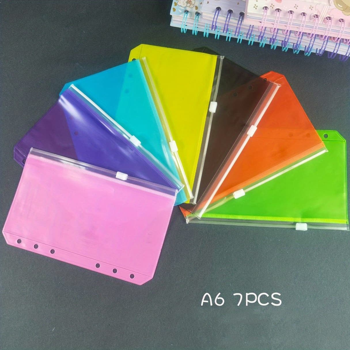 TEMU 7pcs Vibrant A5 & A6 Zippered Binder Pockets - Waterproof Pvc, 6-ring Compatible, Assorted Colors & Patterns For Budget Planners, Notebook Inserts, Receipts & Stickers Storage