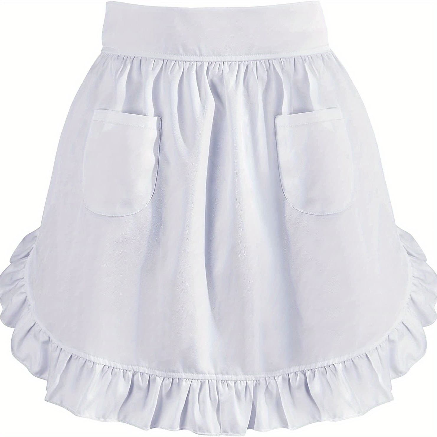 TEMU White Aprons For Women Ruffle Waist Half Apron With 2 Pockets Vintage Retro Apron Costumes Maid Waitress Apron For Kitchen Cooking Restaurant Coffee Shop Halloween Christmas Cosplay