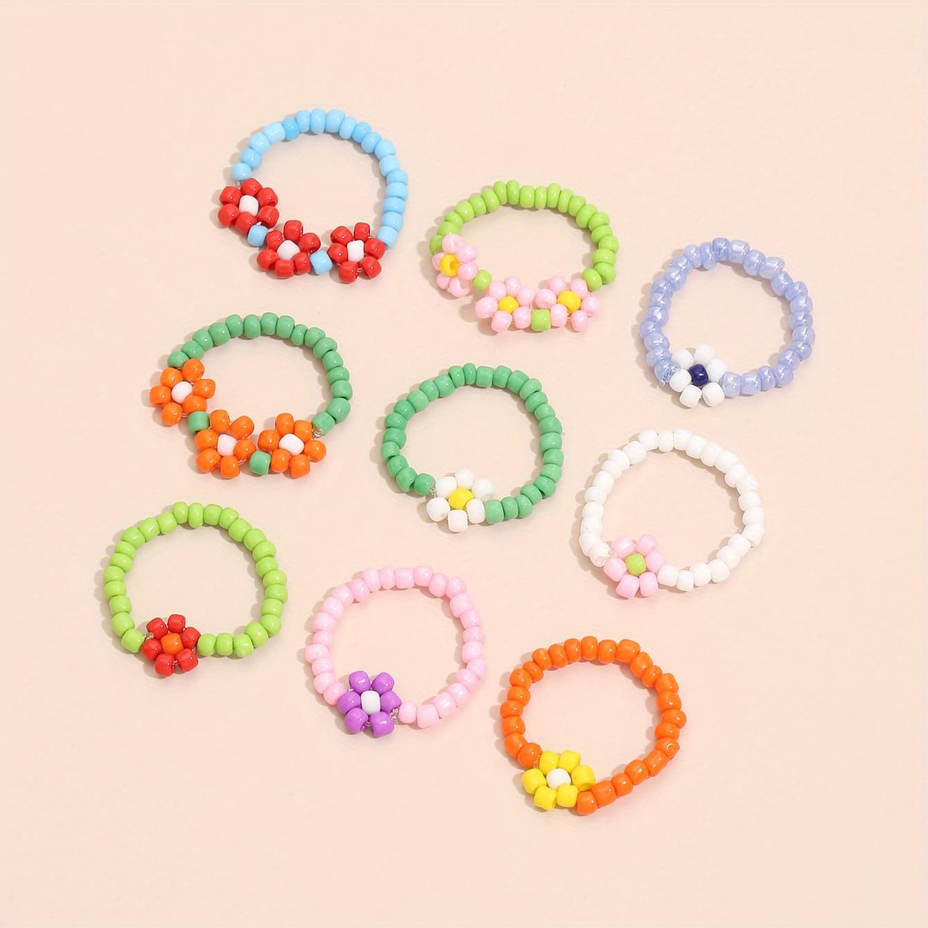 TEMU 9pcs/set Multicolor Bohemian Handmade Bead Flower Rings Women's Beach Vacation Jewelry Gift