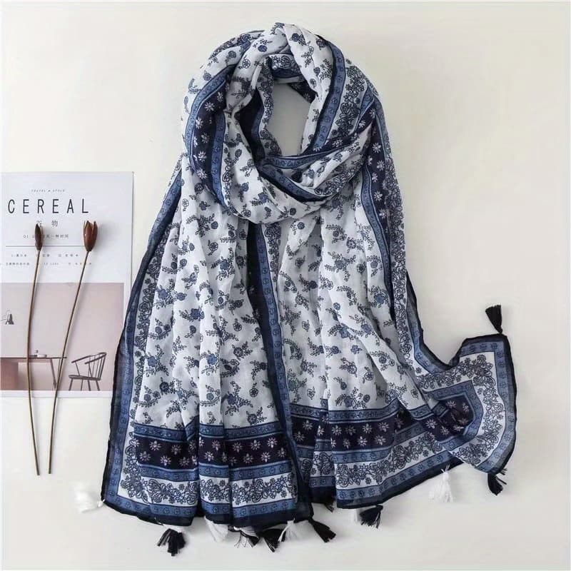 TEMU Blue And White Porcelain Floral Pattern Tassel Scarf Ethnic Style Shawl For Women Spring/summer Versatile Wrap