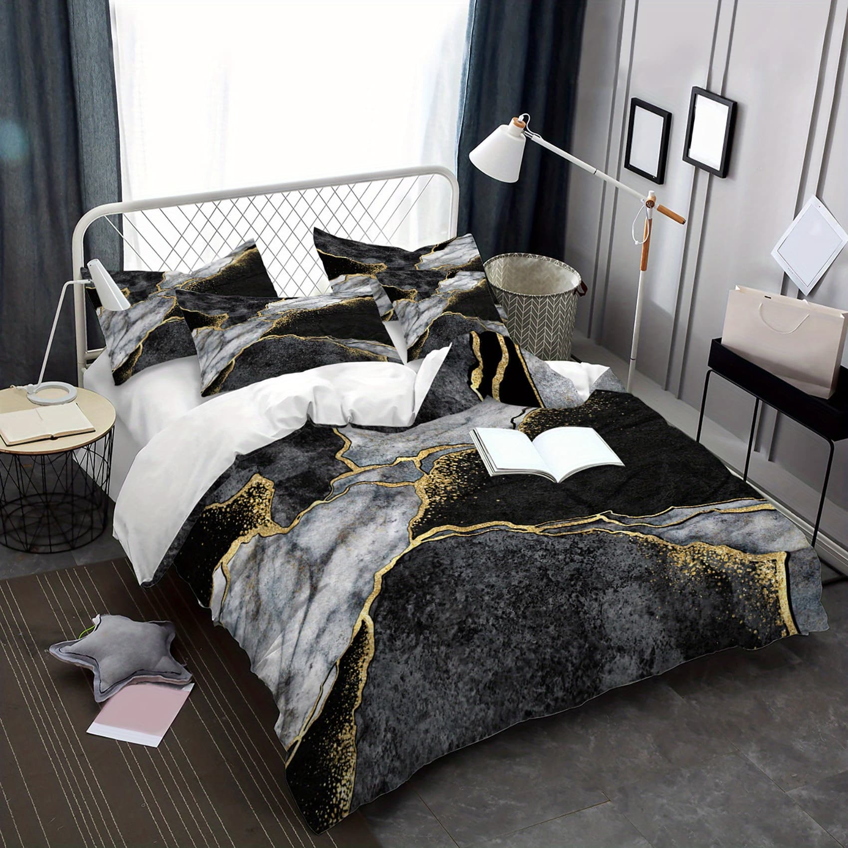 TEMU Bed Linens Featuring A Splash Of Ink In Golden, , And Patterns, Made From Washable Microfiber For A Soft And Comfortable Feel, Or Three-piece Sets.