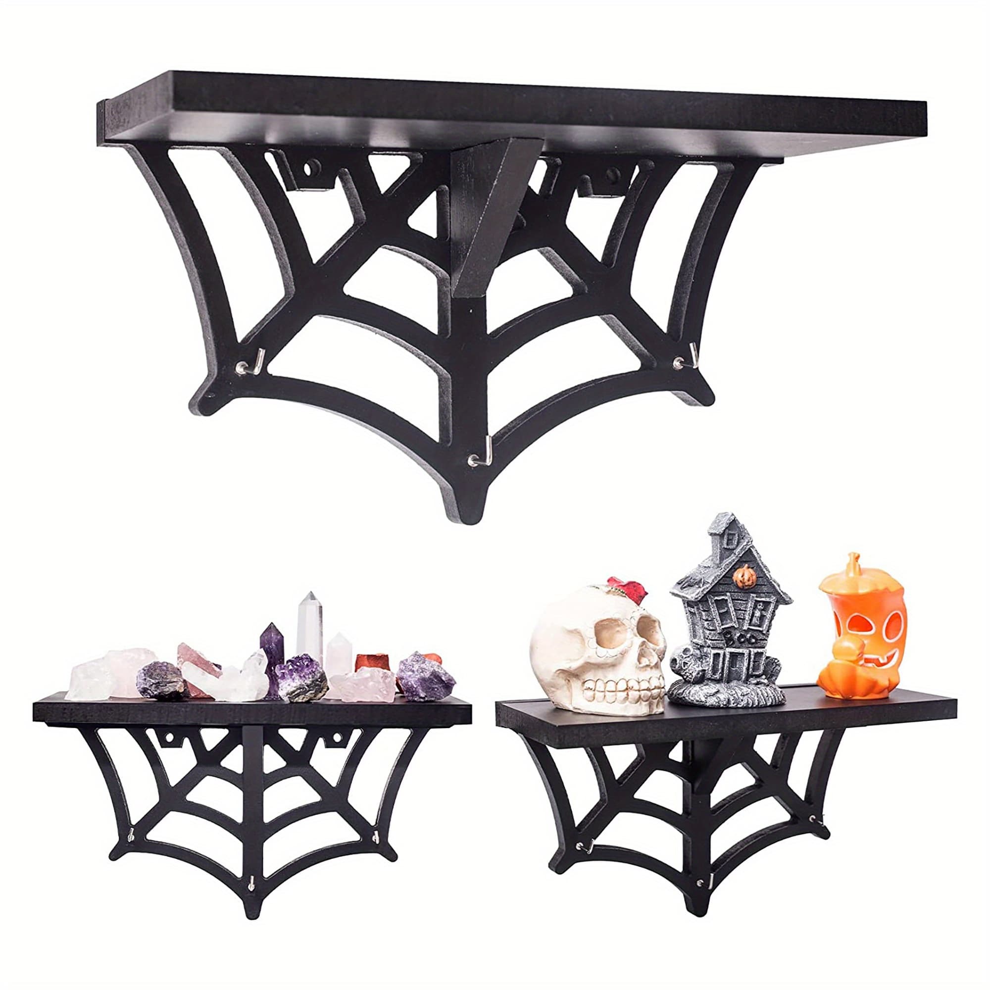 TEMU Web Floating Shelf Gothic Halloween Hanging Shelf With Hooks For Wall And Black Spooky Goth Wall Decor For Kitchen And Display Shelf For Stones, Shelves