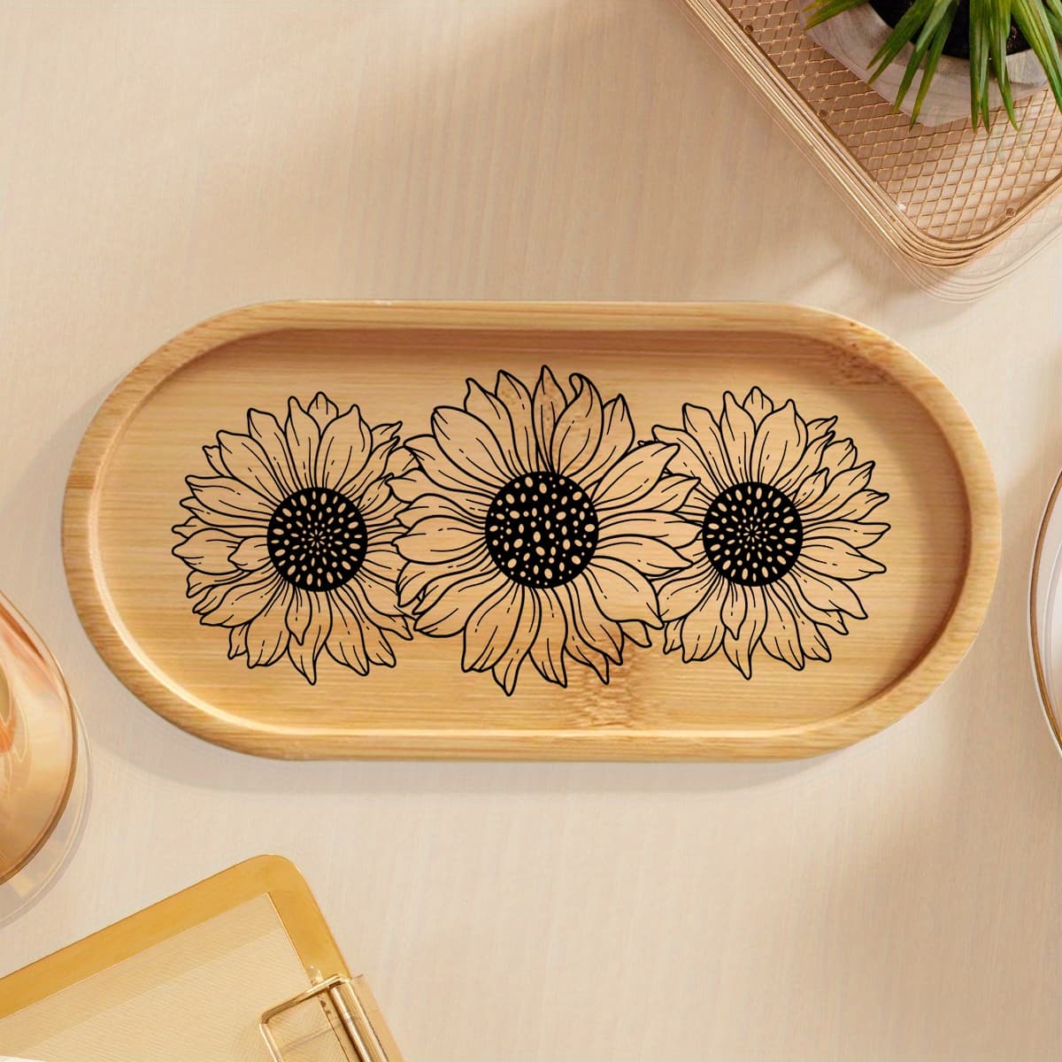 TEMU Easy Sunflower Logo Personalized Jewelry Storage Bamboo Tray, Thanksgiving Home Decoration Bamboo Tray, Suitable For Party Decoration Supplies, 6.69x3.15 Inches, Jewelry Trays
