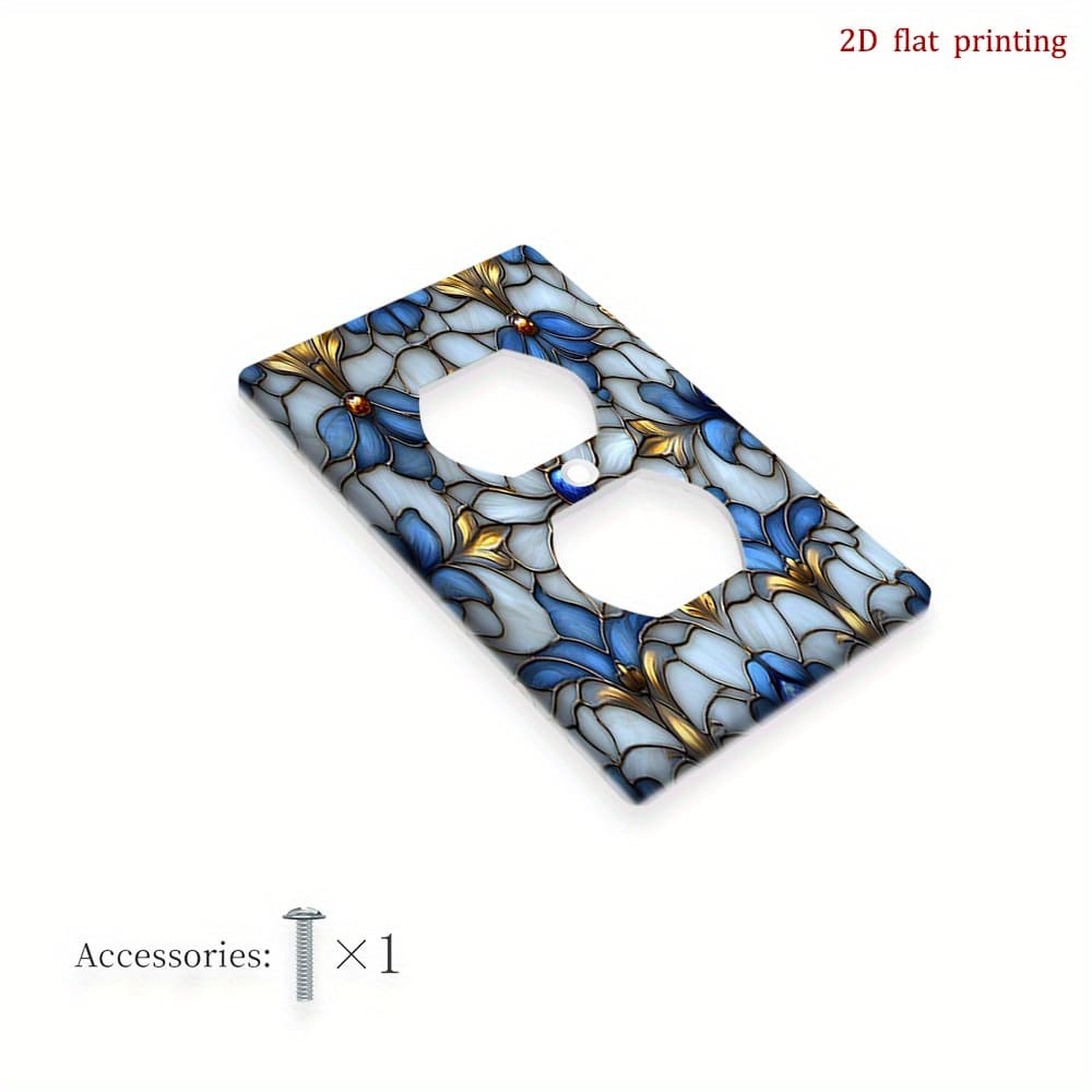 TEMU 1pc Blue And Golden Stained Glass Light Switch Plates And Receptacle Outlet Covers | 2d Flat Printing, , Durable, Pc Plastic, No Electricity Or Battery Required