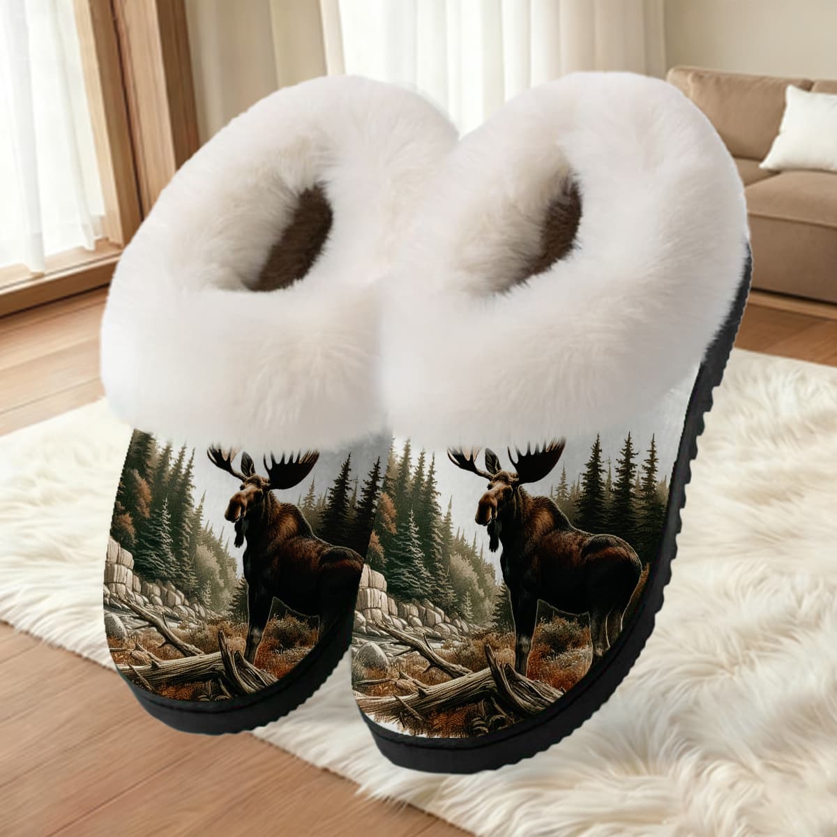 TEMU Slippers 1pair, Moose - Themed Slippers For Adults Cozy Slip-on Slippers - Soft Fabric, Warm Slippers For Home, Tpr Sole, , Home Slippers| Slippers|fabric Upper Slippersers, Women Shoes