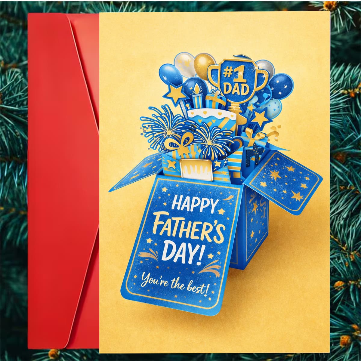 TEMU 1pc Festive Fathers Day Greeting Card, Blue Gift Box With Cake Balloons Stars Trophy Dad Text , Suitable For Dad, Fathers Day, And Celebratory, Pop Up Style Card.