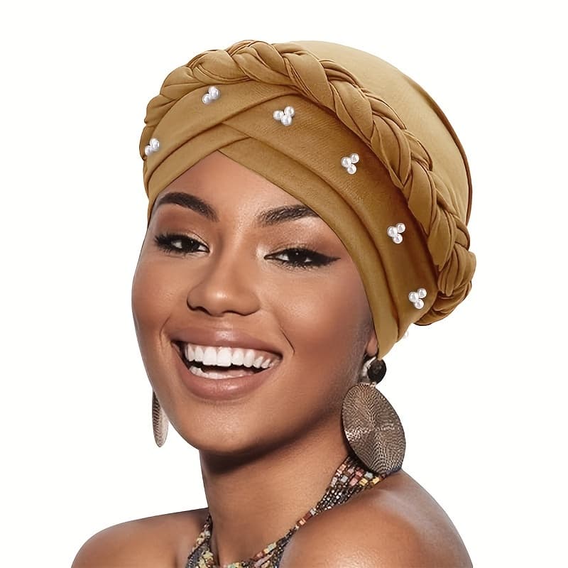 TEMU Handmade Pearl And Diamond Braided Headscarf Hat, African-style Head Wrap, Hair Care