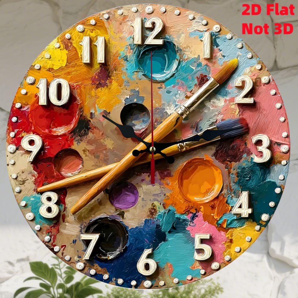 TEMU Large Round Wall Clock With Paint Palette & Brush - Wood/plastic Silent Non-ticking Quartz Movement, Modern Decor Suitable For Living Room, Bedroom, Kitchen - Unique Large Clock 1pc, 2d Flat