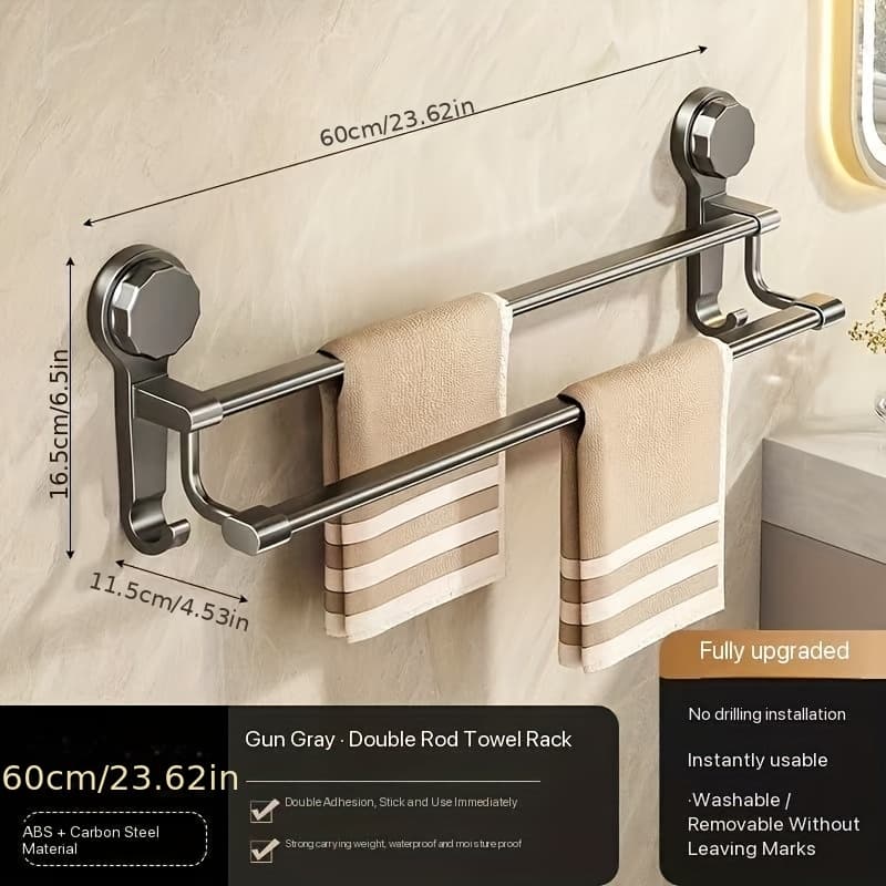 TEMU 1 Upgraded Powerful Suction Cup Type Double-rod Towel Rack, Suitable For Double Rods In Bathrooms, Kitchens And Walls Without Drilling For Wall-mounted Towel Hanging Rods