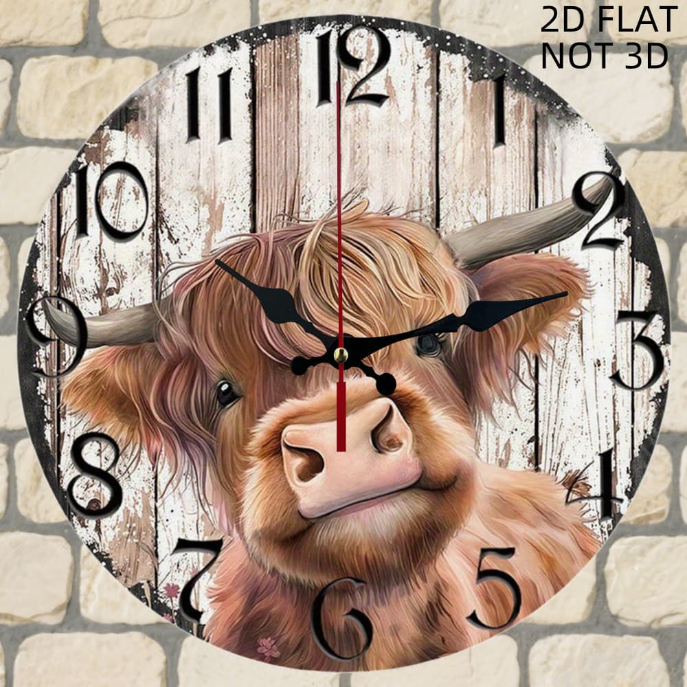 TEMU A Unique 9.84-inch Round Wooden Wall Clock Featuring A Cow . This Silent, Non-ticking Clock Is Perfect For Decorating Your Living Room, Bedroom, Office, Or Kitchen